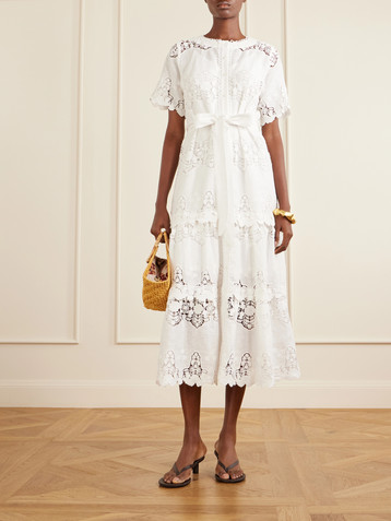 Miguelina Romilly belted embroidered cotton and linen-blend midi dress