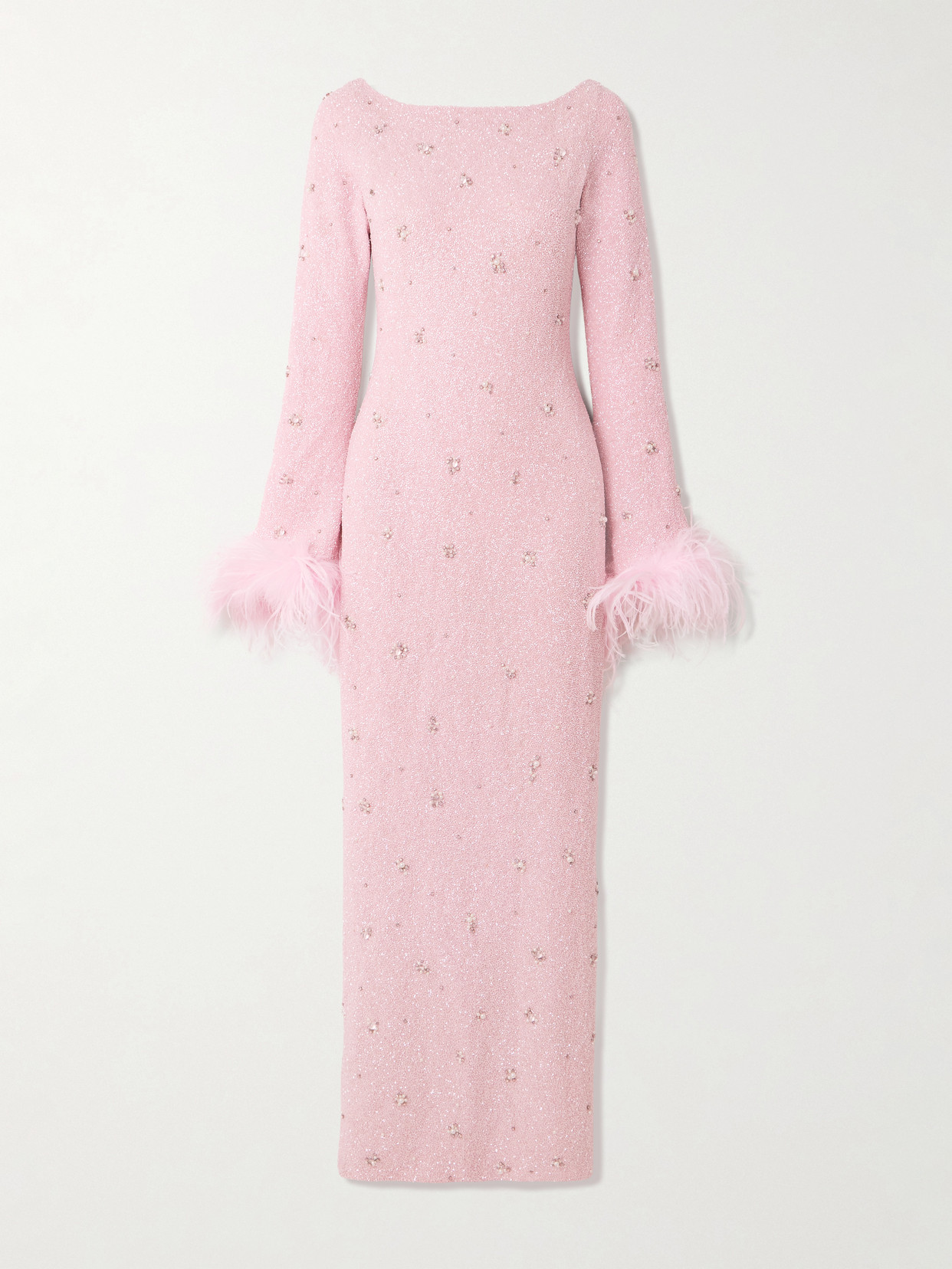 Clio Peppiatt Mae Feather-trimmed Embellished Stretch-mesh Gown In Pink
