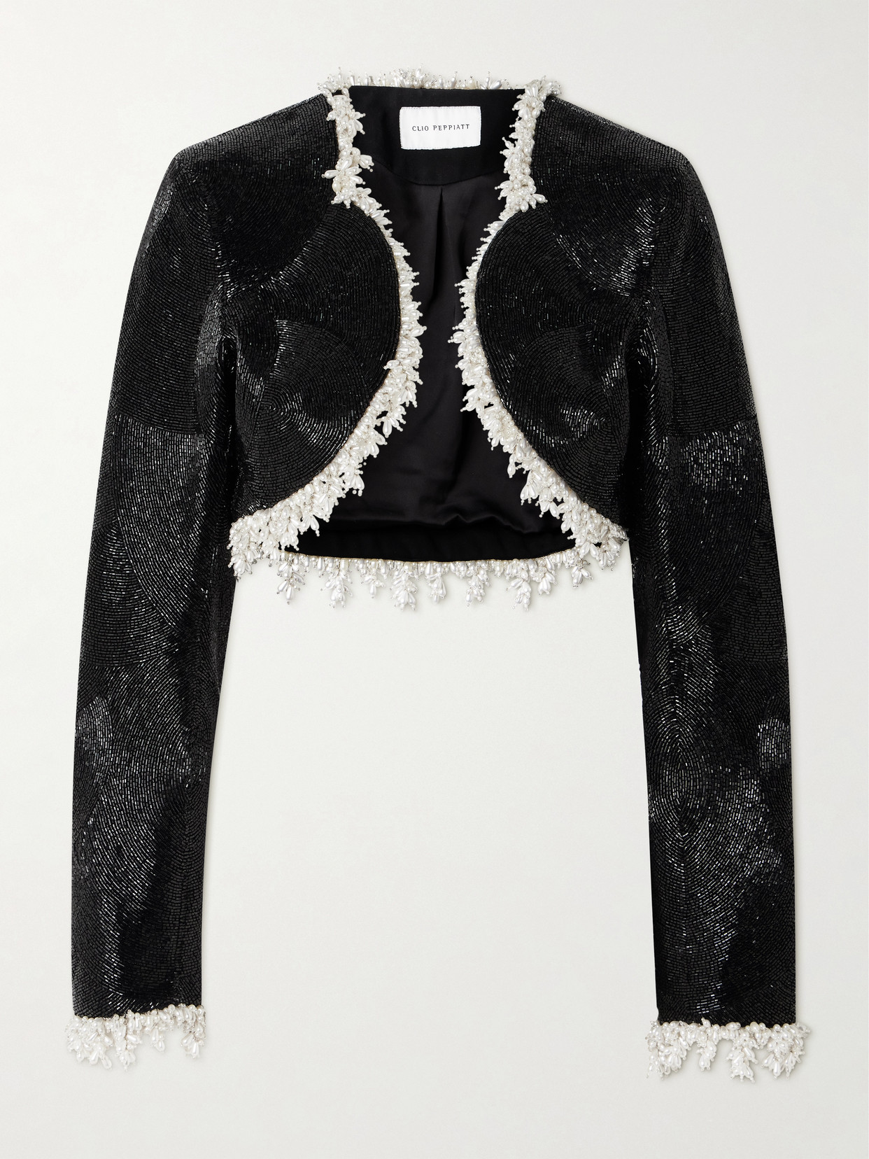 Clio Peppiatt Margot Cropped Embellished Satin Jacket In Black