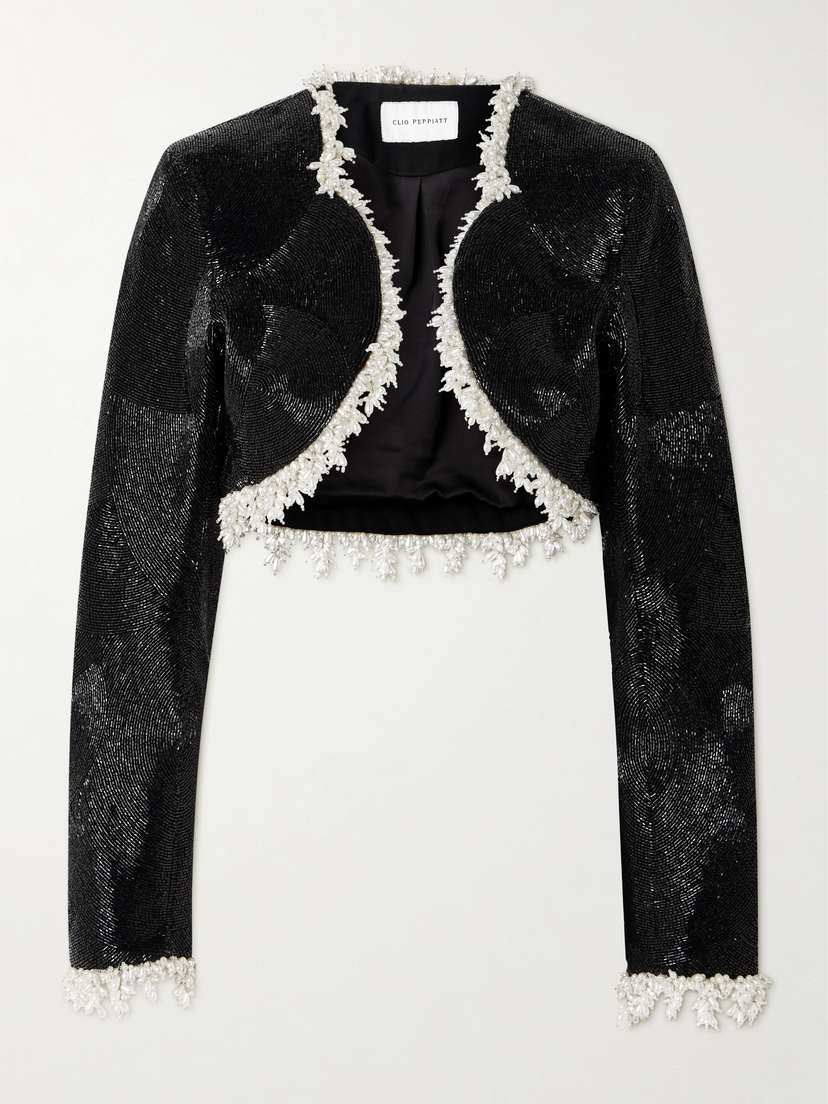 Clio Peppiatt Margot Cropped Embellished Satin Jacket