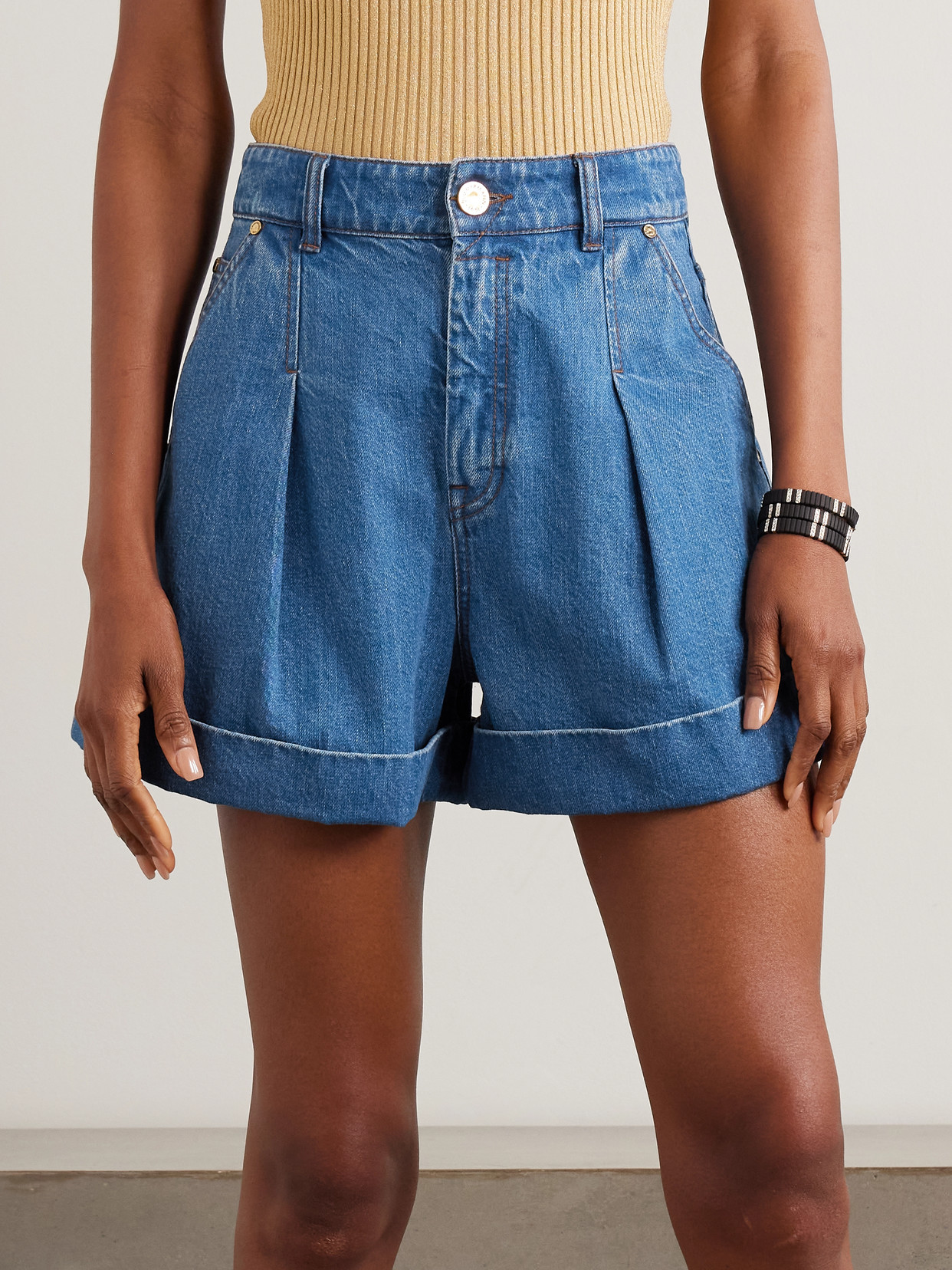 Zimmermann Pleated Denim Shorts With Cuff In Multi