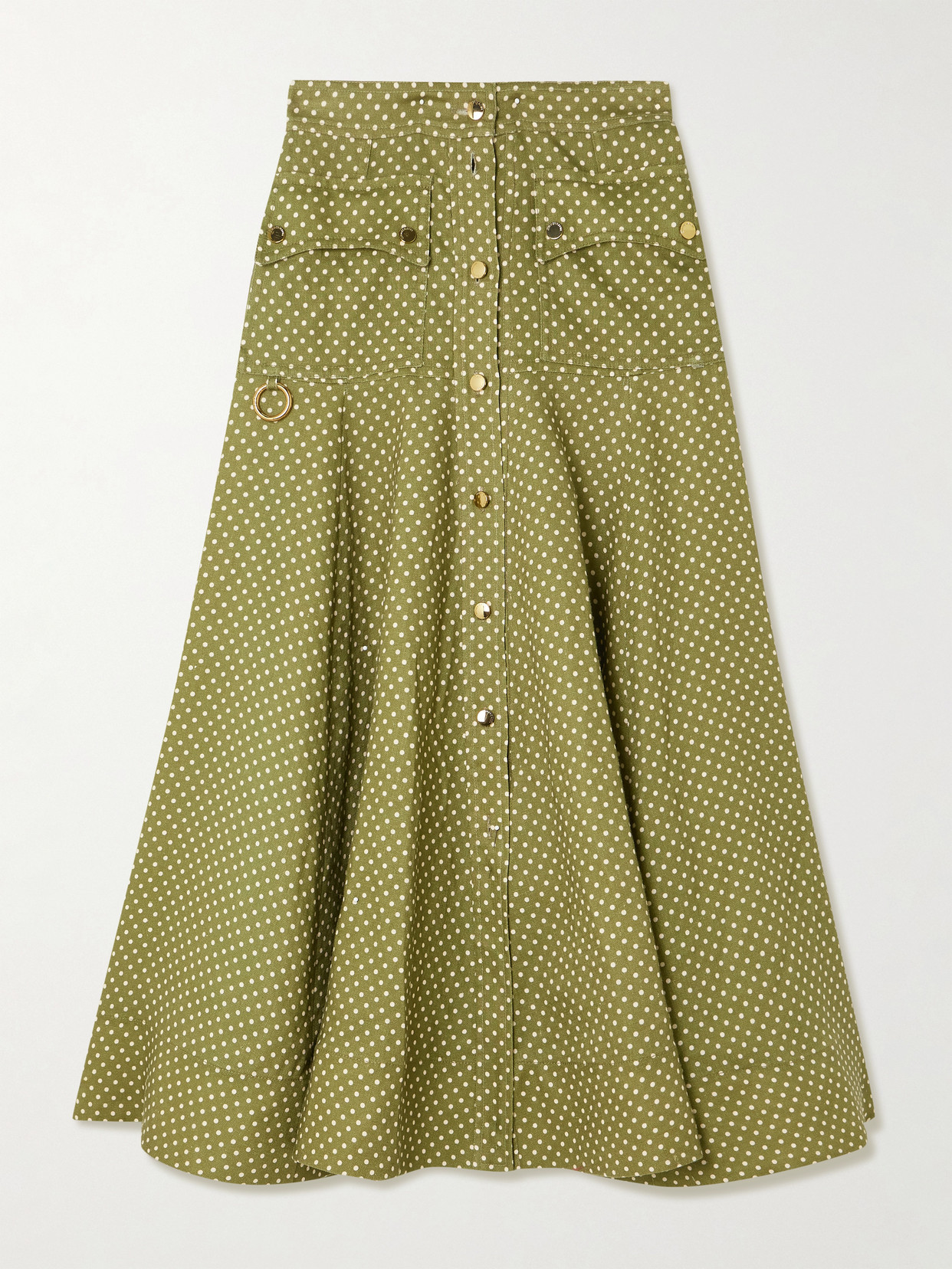 Zimmermann Luna Embellished Polka-dot Linen Midi Skirt In Green
