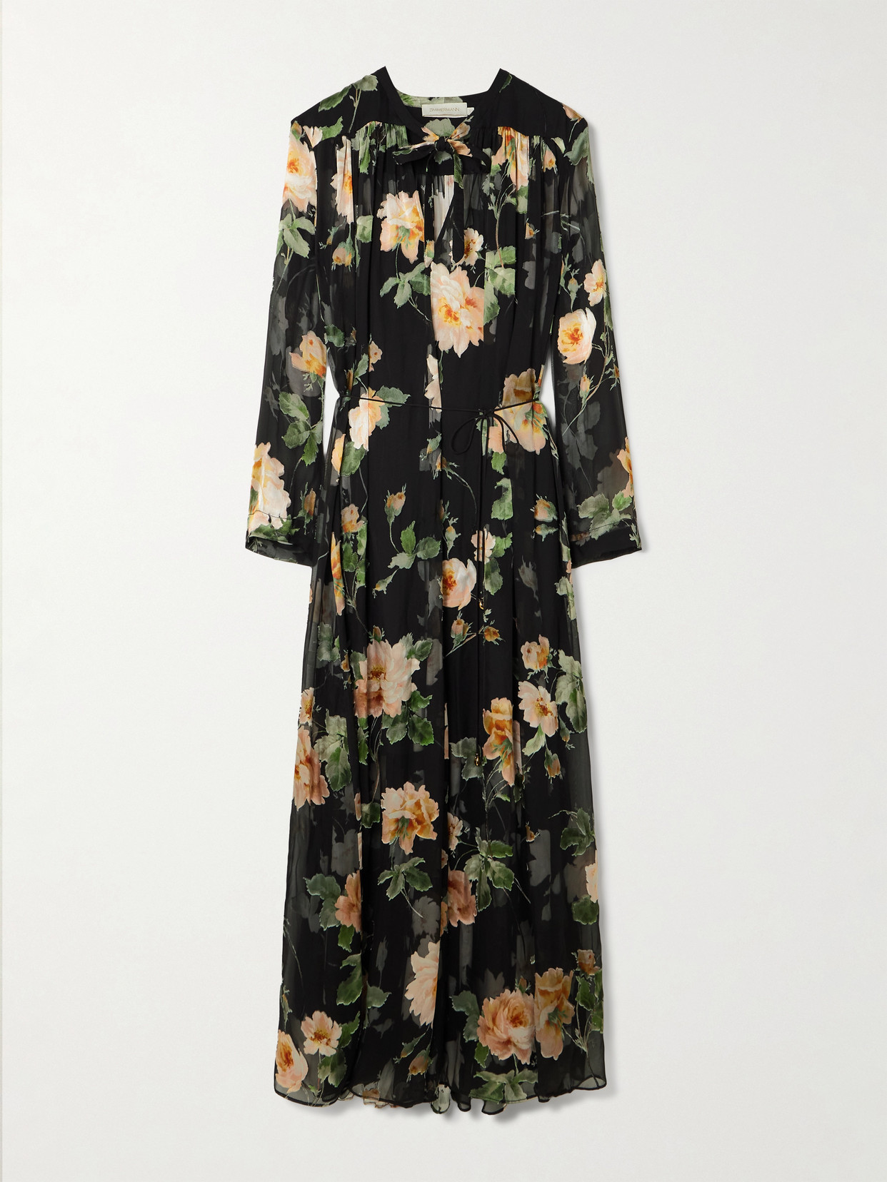 Zimmermann Luna Belted Gathered Floral-print Devoré-chiffon Midi Dress In Black