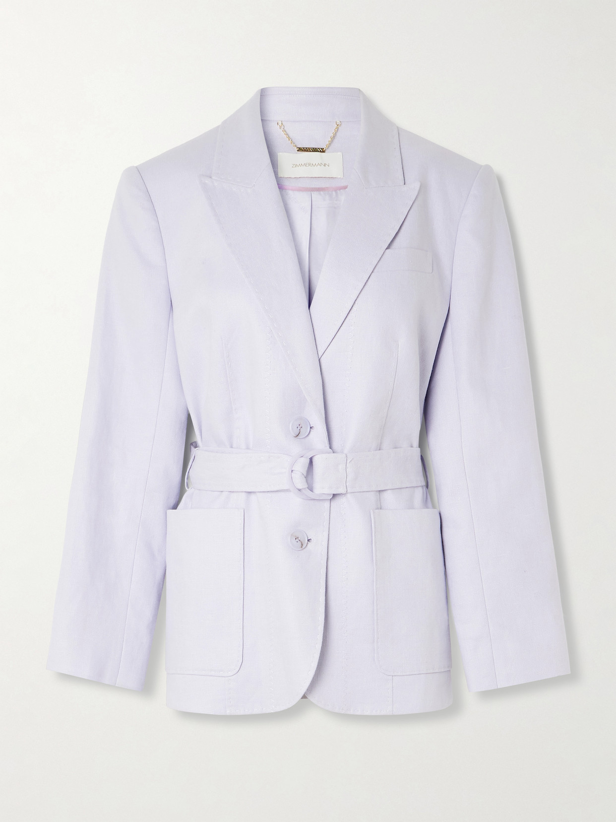 Zimmermann Luna Belted Topstitched Linen Blazer In Purple
