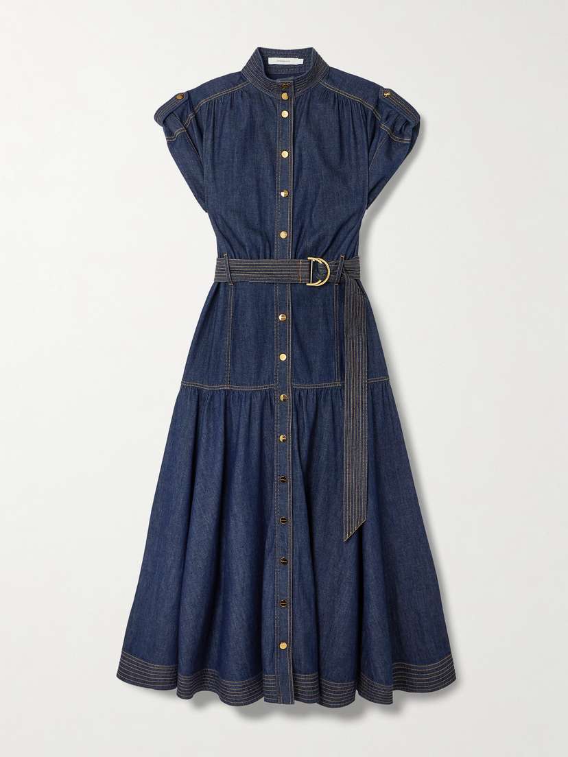 Zimmermann Belted Tiered Denim Midi Dress
