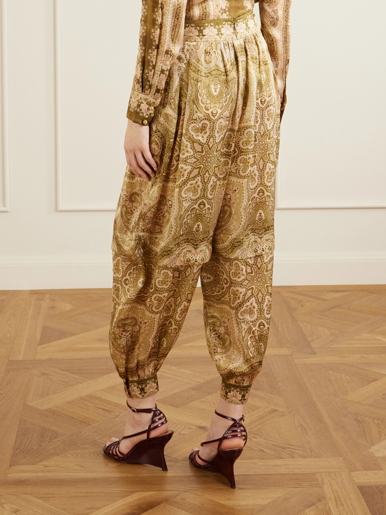 Zimmermann Womens Olive Perla Paisley Luna Harem Silk Trousers Xl In Brown