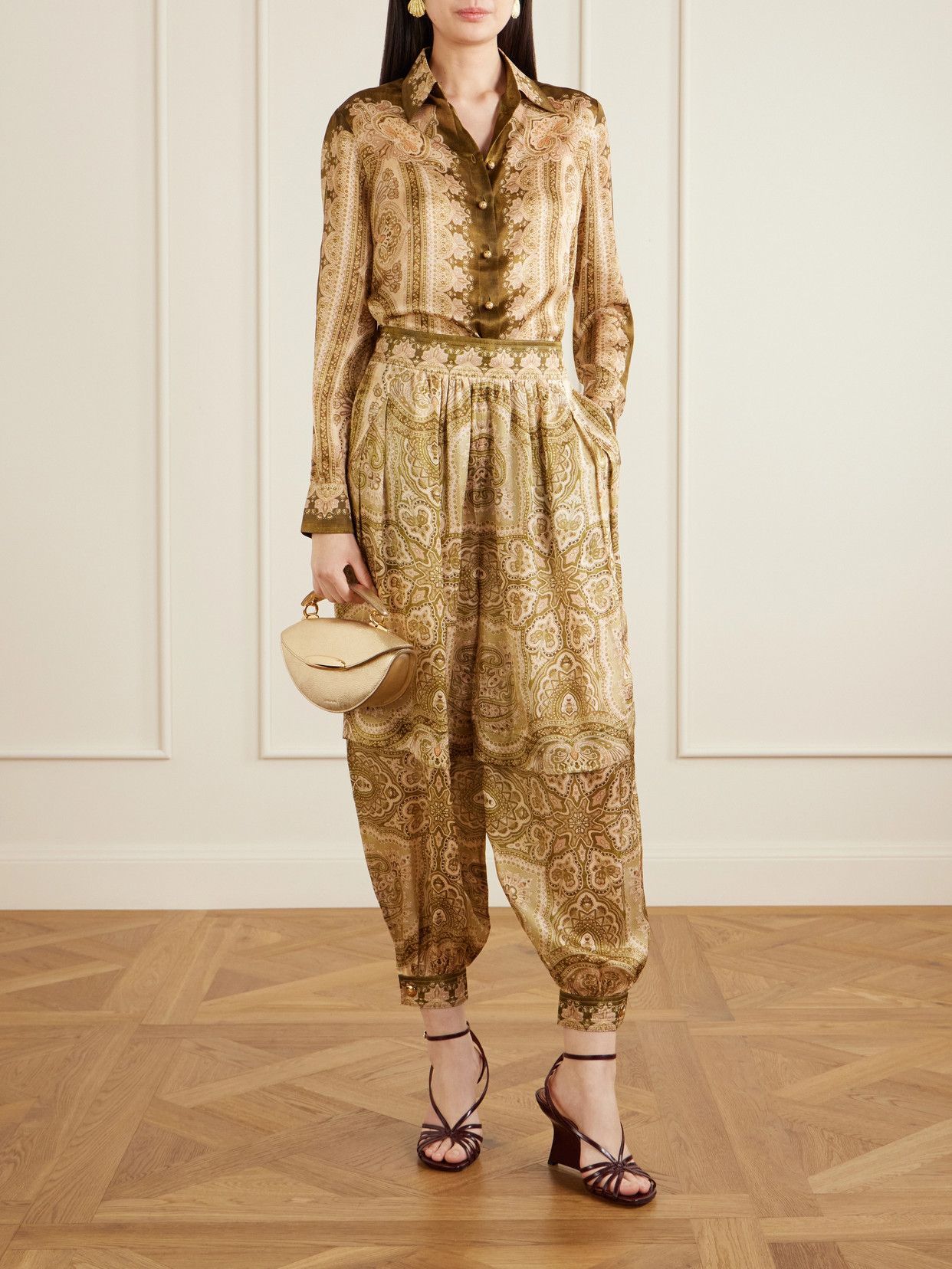Zimmermann Womens Olive Perla Paisley Luna Harem Silk Trousers Xl In Brown
