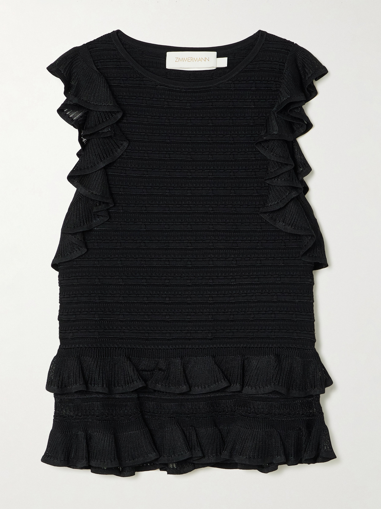 Zimmermann Luna Ruffled Tiered Ribbed-knit Top In Black