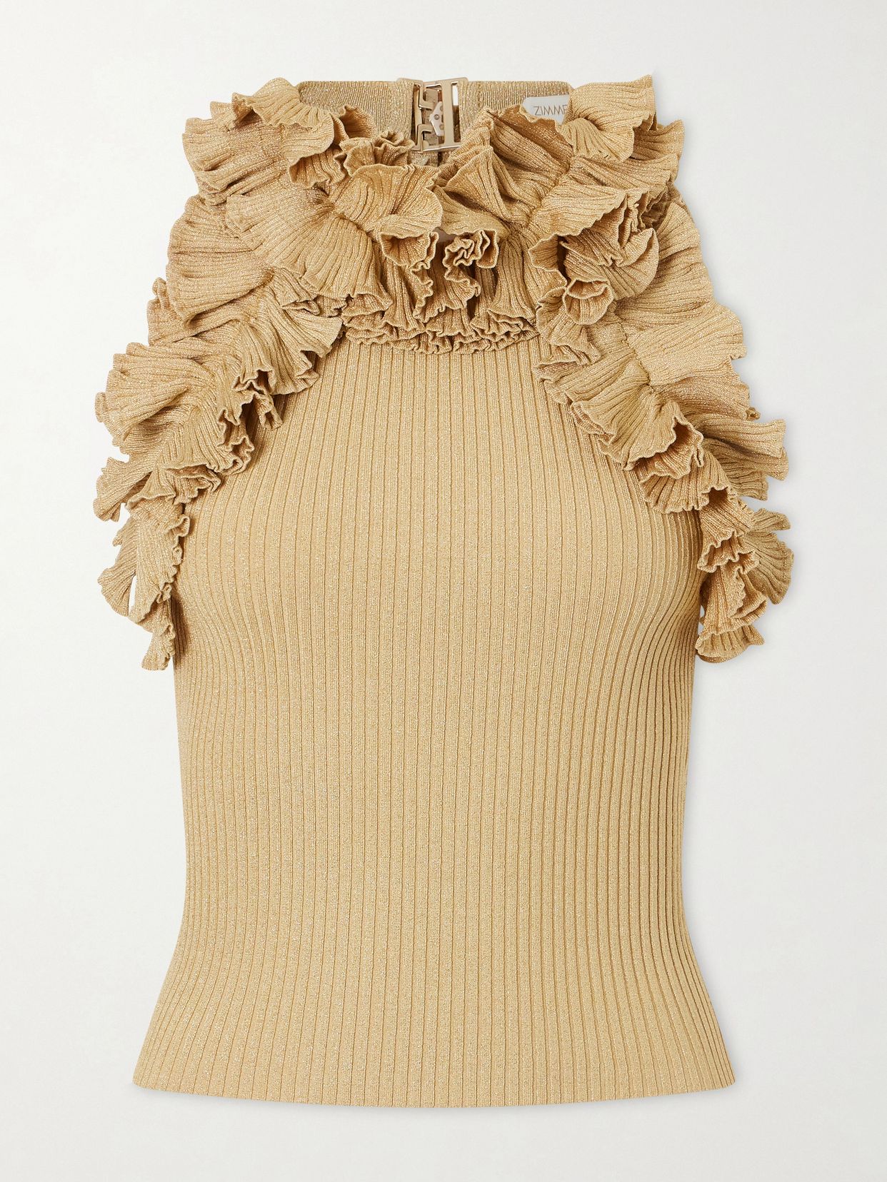 luna cropped ruffled metallic ribbed knit top