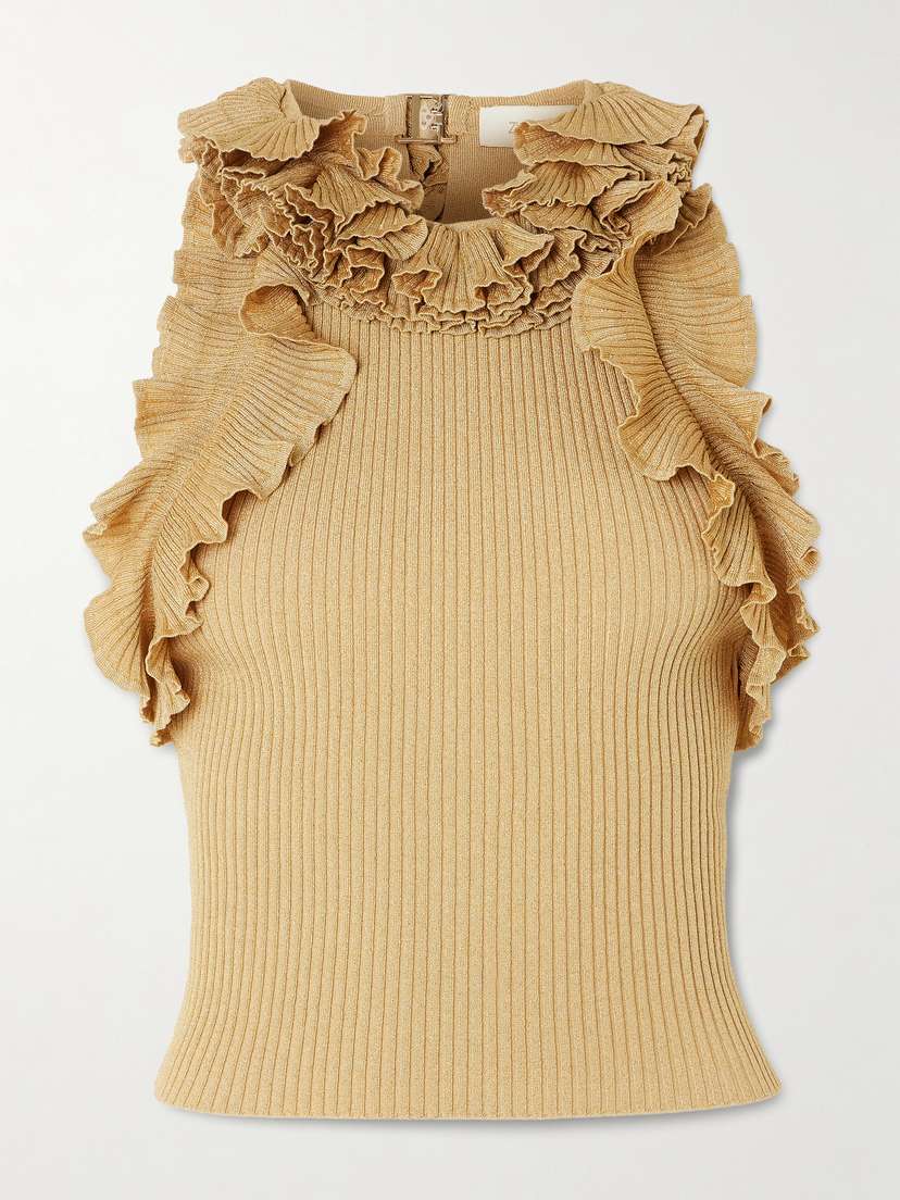 Zimmermann Luna Cropped Ruffled Metallic Ribbed-knit Top