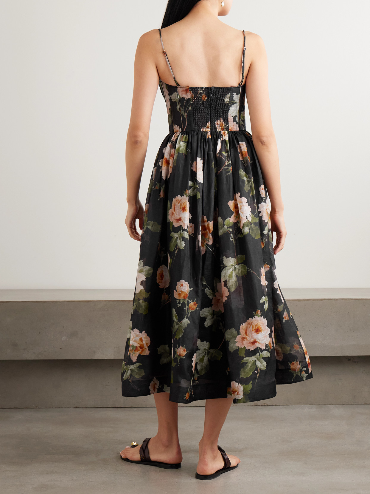 Zimmermann Luna Floral-print Linen And Silk-blend Midi Dress In Black