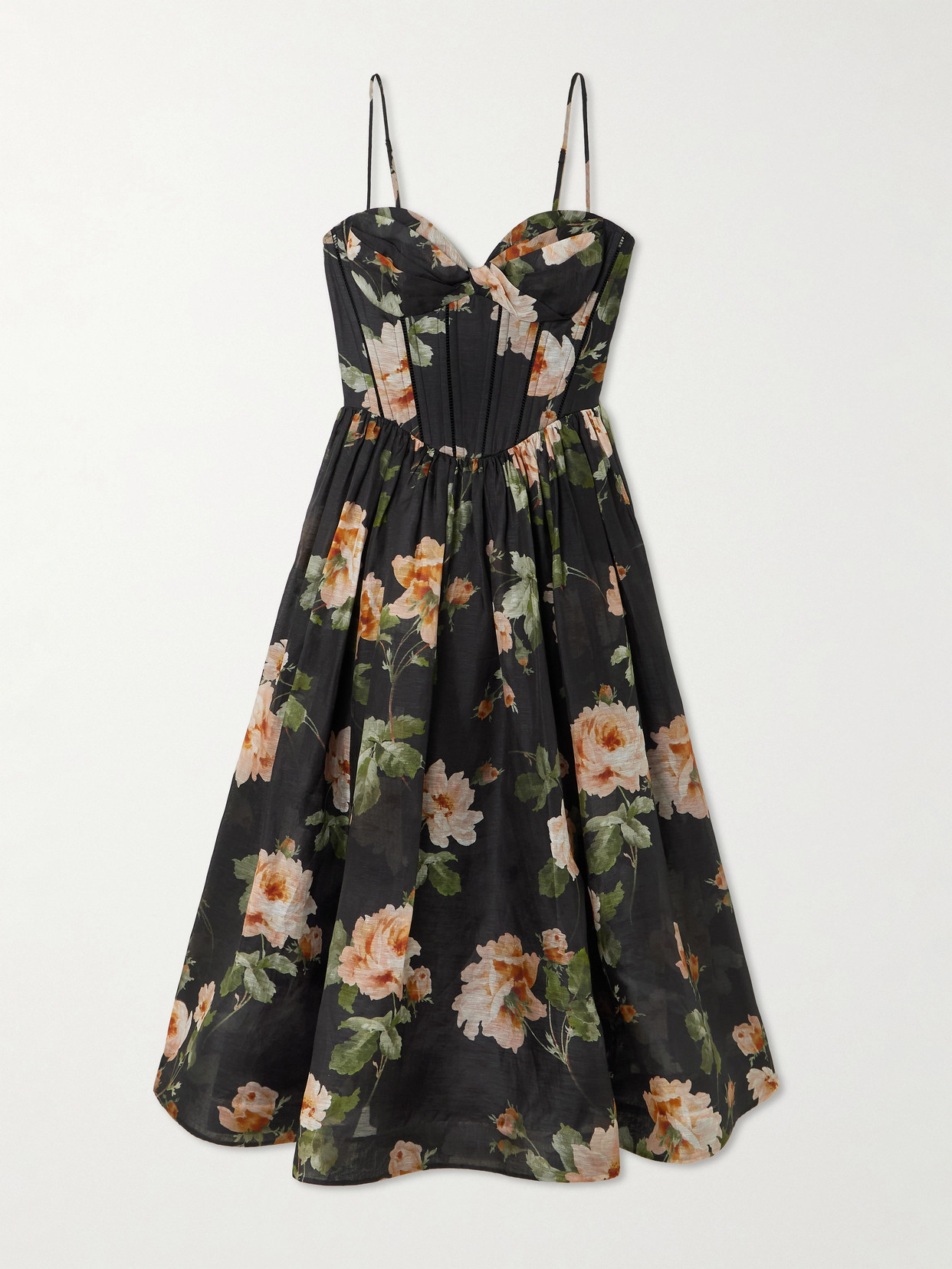 Zimmermann Luna Floral-print Linen And Silk-blend Midi Dress In Black