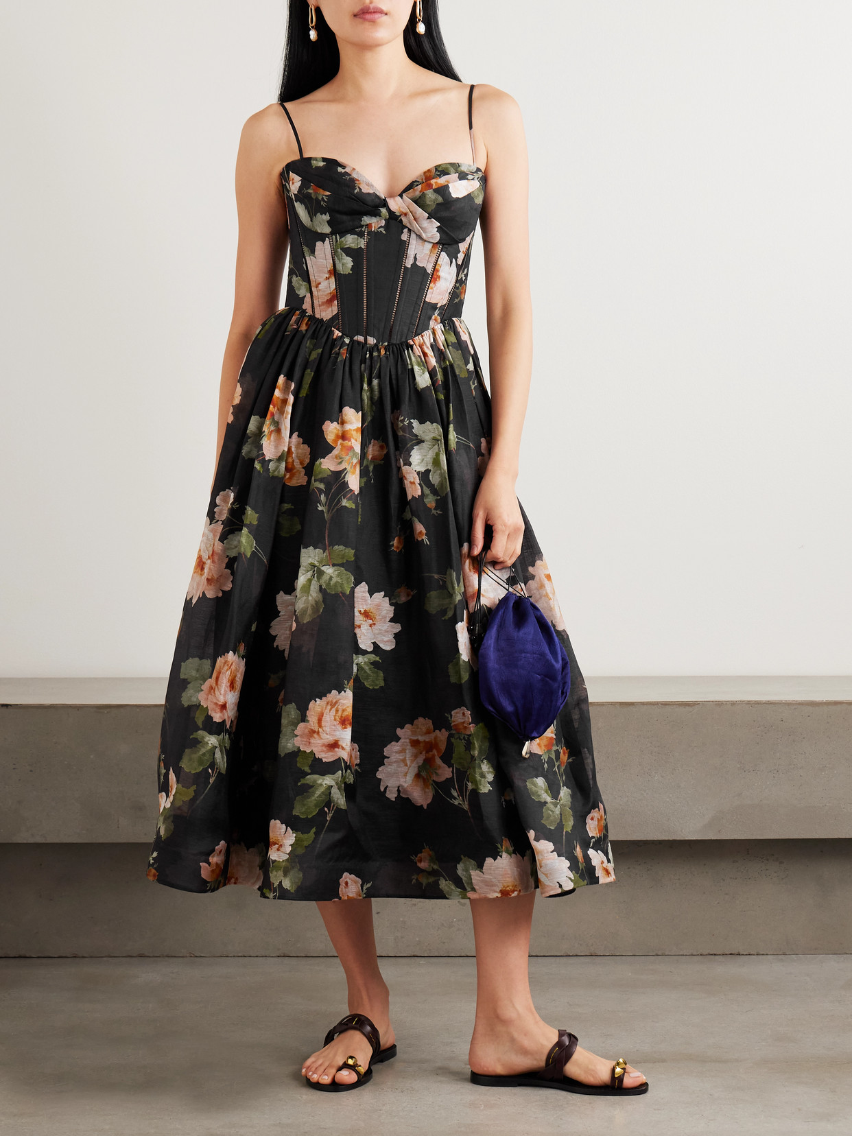 Zimmermann Luna Floral-print Linen And Silk-blend Midi Dress In Black