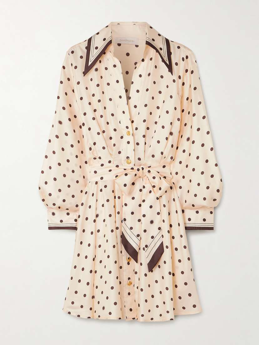 Zimmermann Belted Polka-dot Silk-satin Mini Shirt Dress