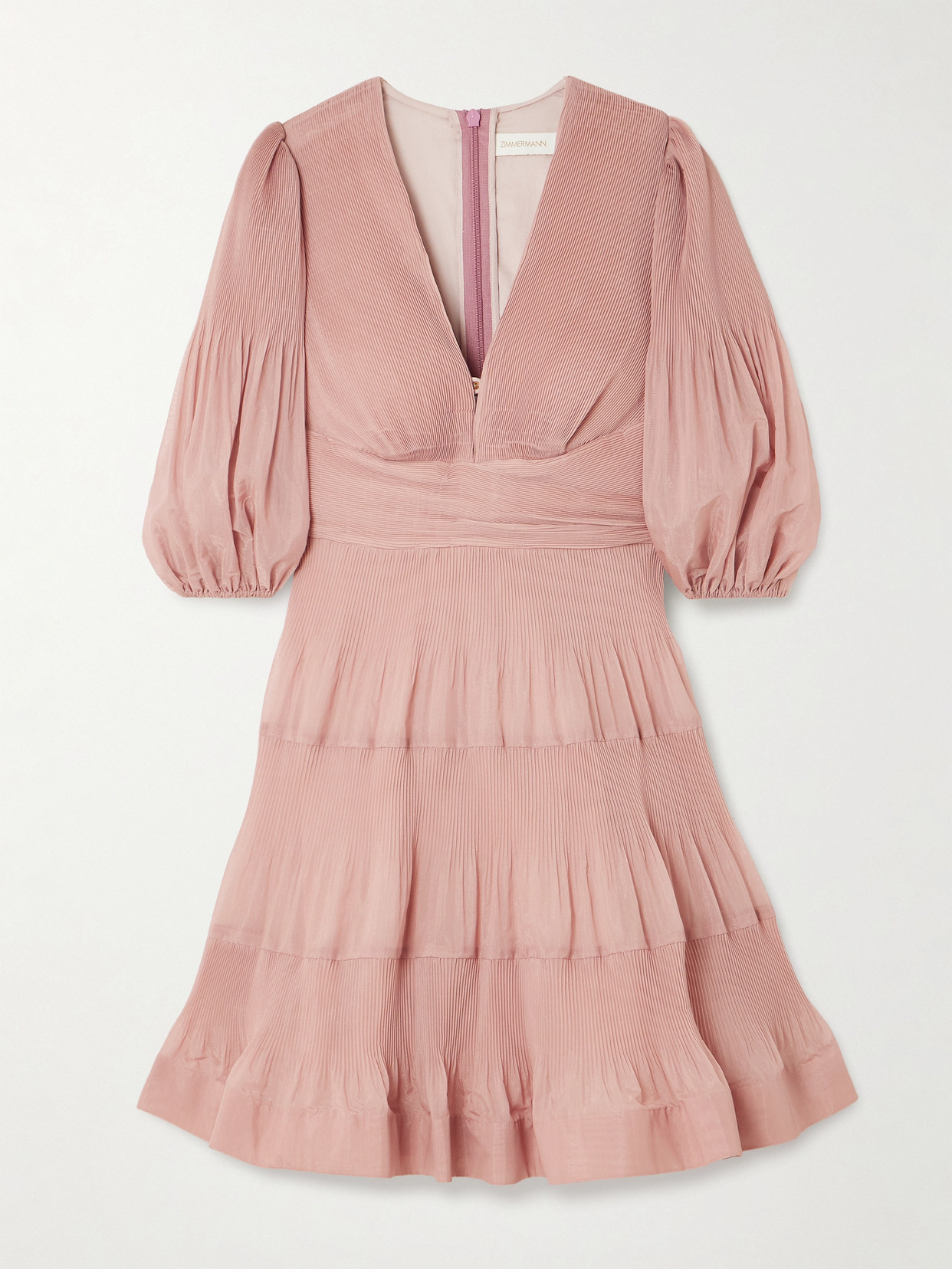 Zimmermann Tiered Plissé Silk-organza Mini Dress In Pink
