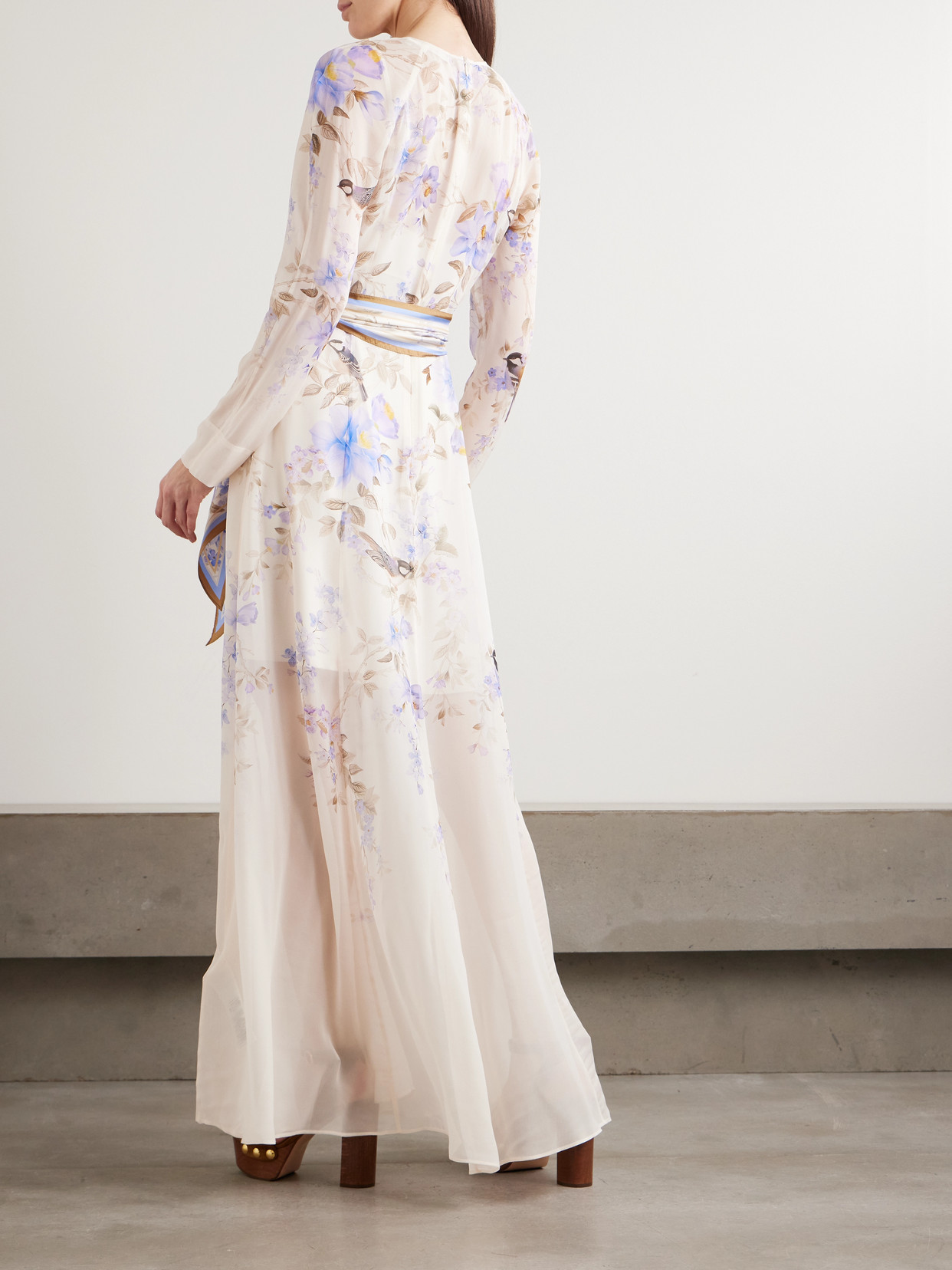 Zimmermann Luna Belted Printed Silk Satin-trimmed Chiffon Maxi Dress In Multi