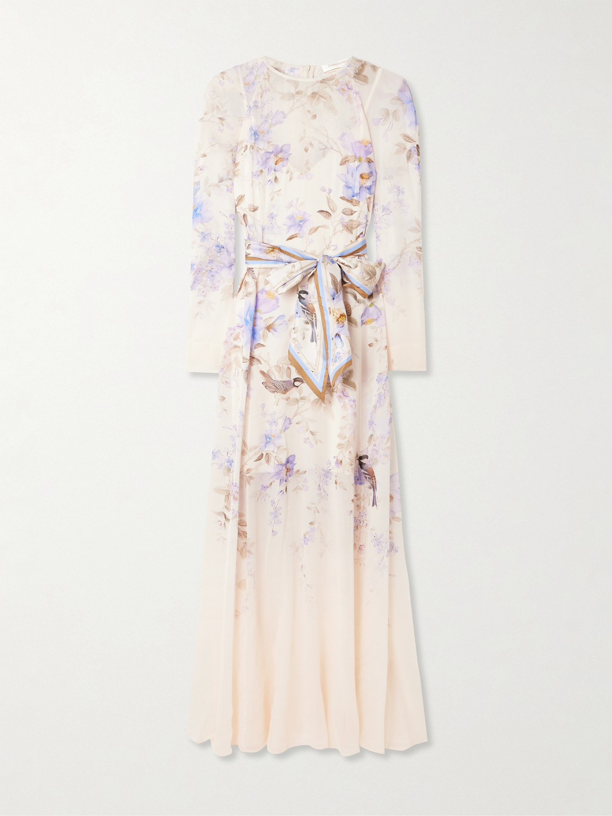 Zimmermann Luna Belted Printed Silk Satin-trimmed Chiffon Maxi Dress In Blue