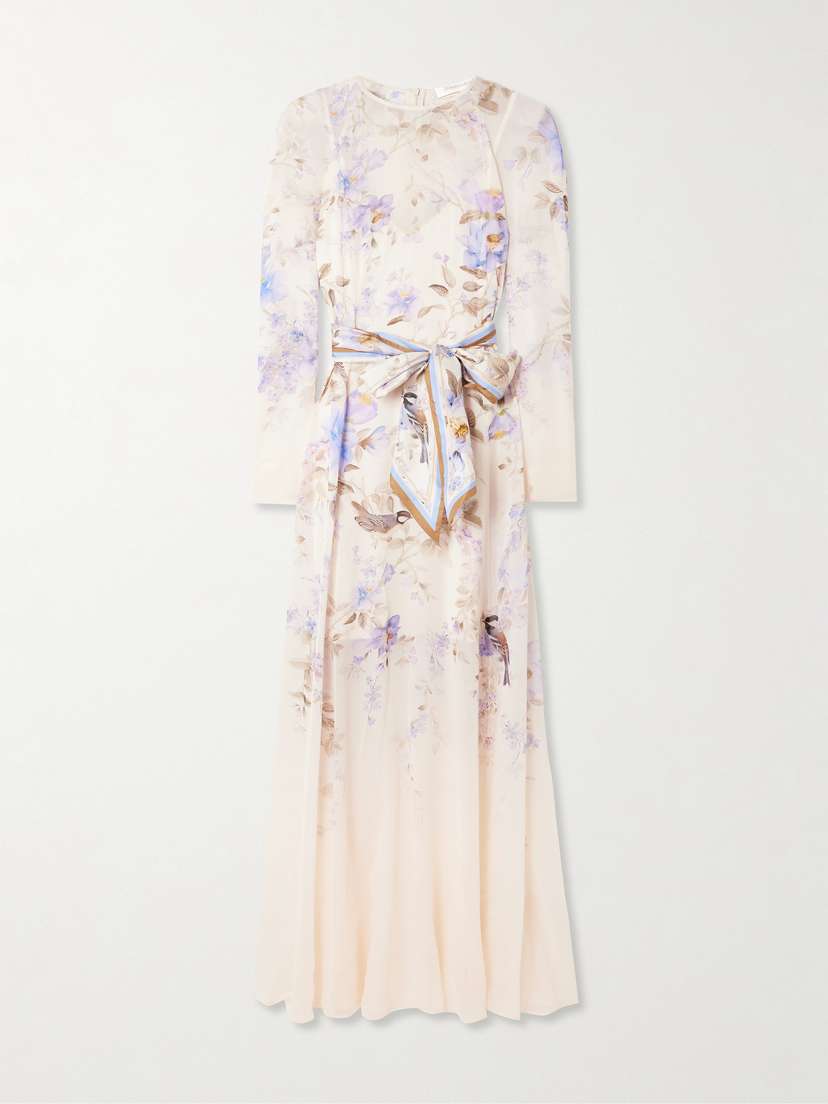 Zimmermann Luna Belted Printed Silk Satin-trimmed Chiffon Maxi Dress