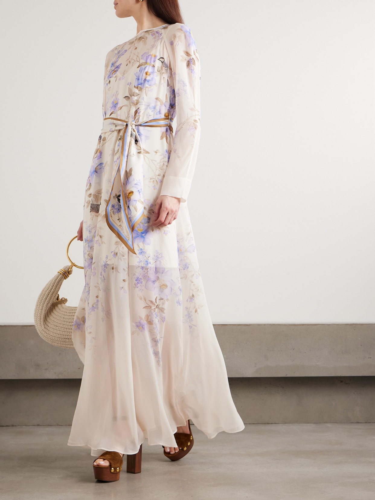 Zimmermann Luna Belted Printed Silk Satin-trimmed Chiffon Maxi Dress In Multi