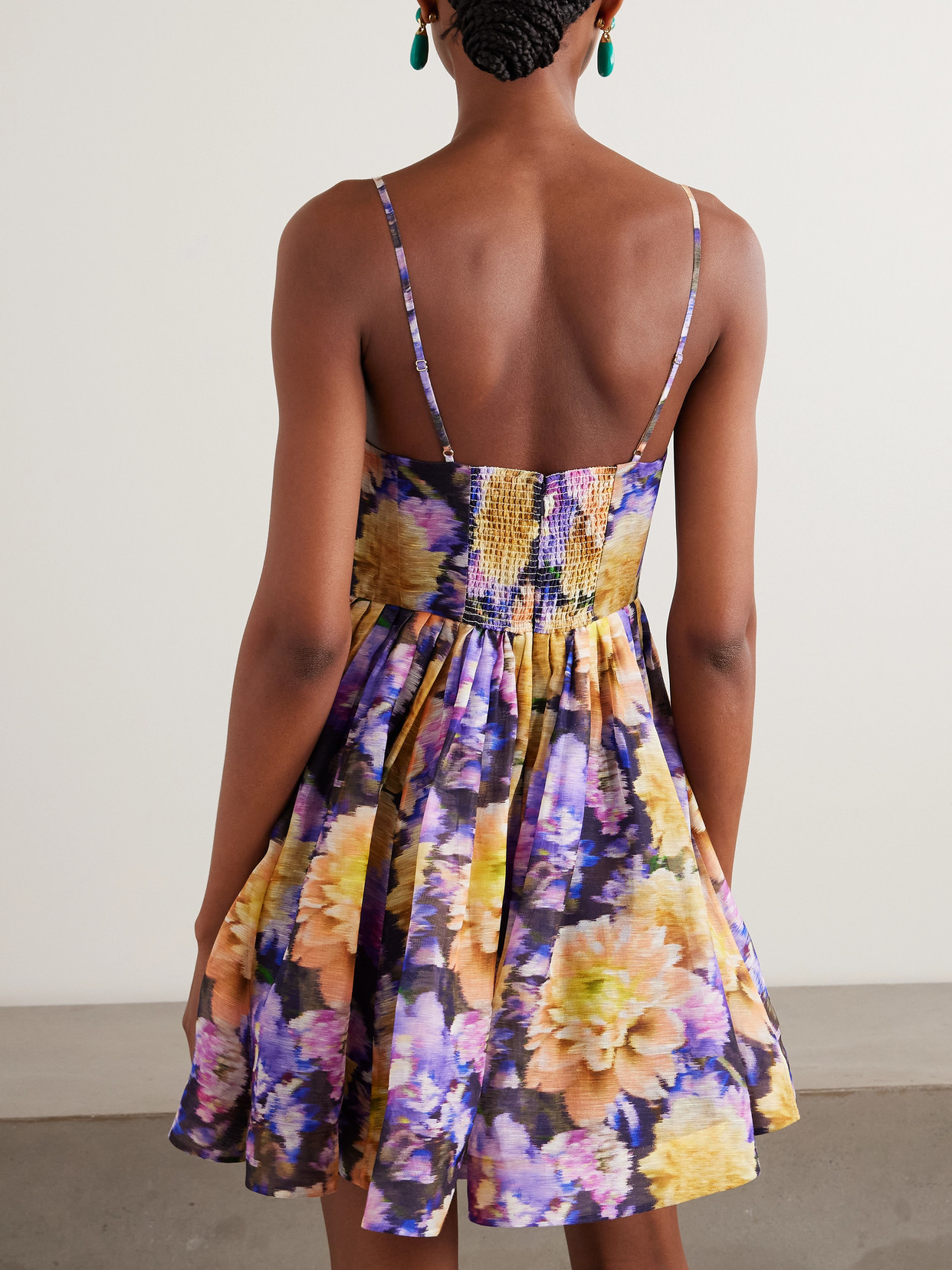 Zimmermann Luna Gathered Floral-print Linen And Silk-blend Mini Dress In Multi