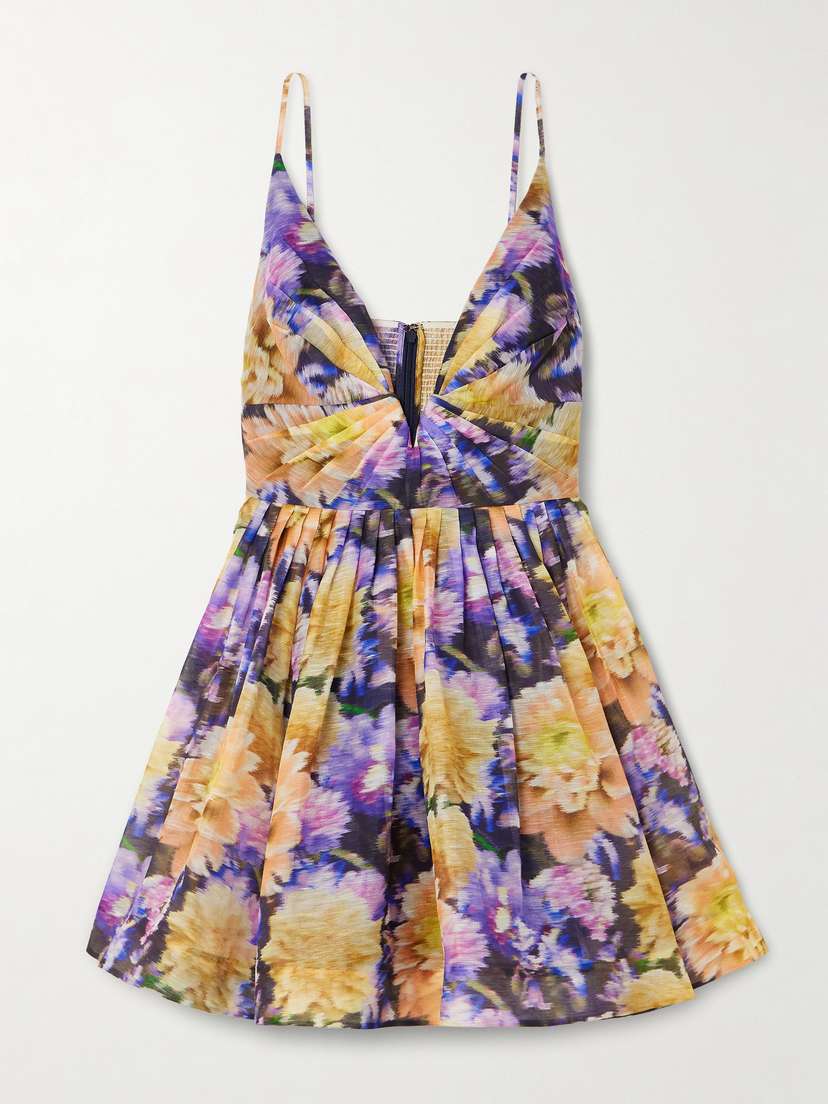 Zimmermann Luna Gathered Floral-print Linen And Silk-blend Mini Dress