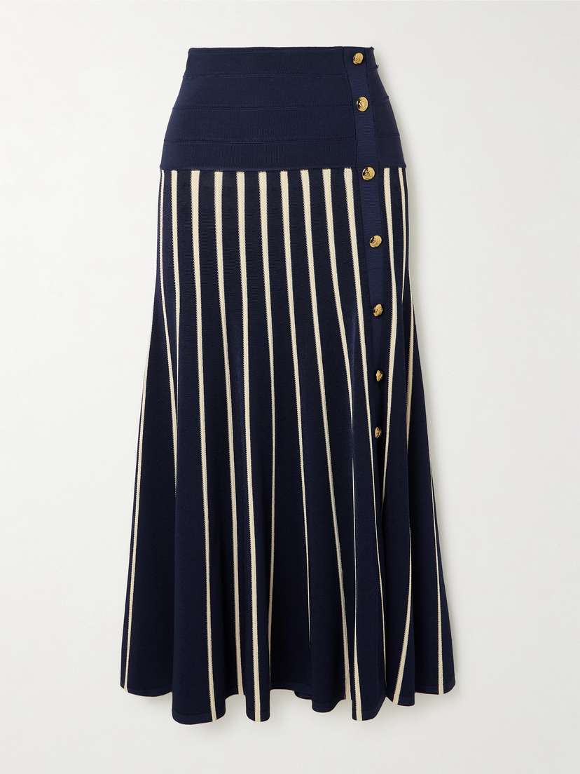 Zimmermann Luna Button-detailed Pleated Striped Knitted Midi Skirt