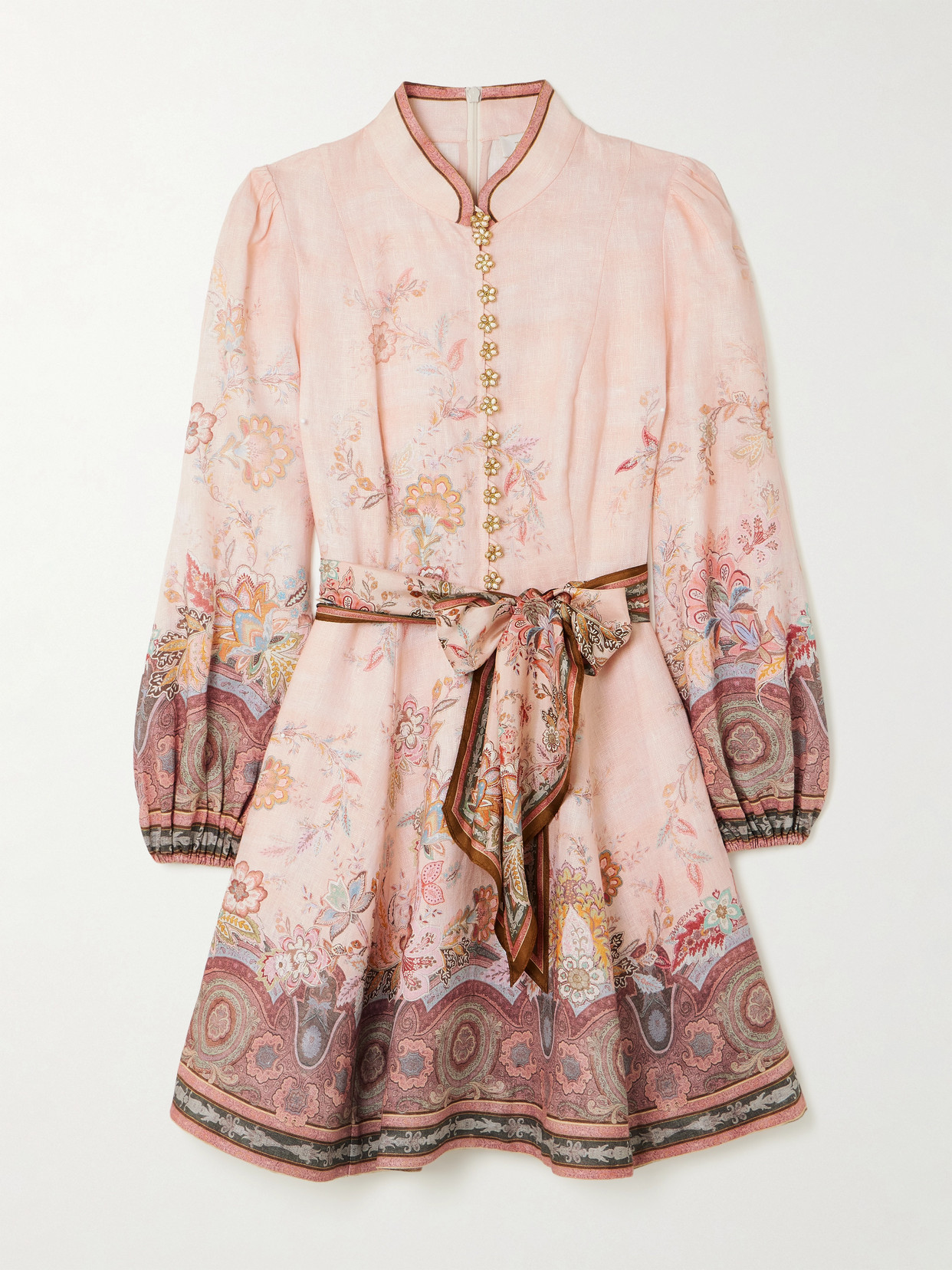 Zimmermann Alchemy Belted Floral-print Linen Mini Dress In Pink