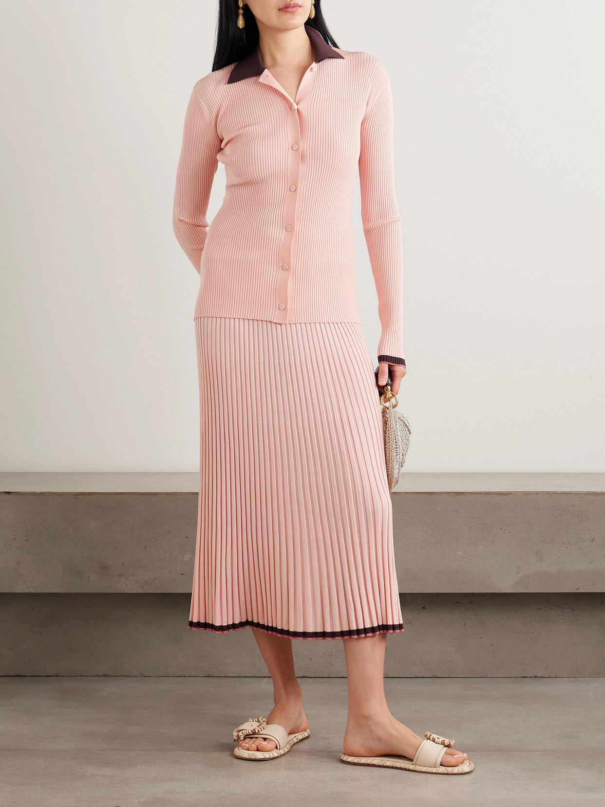 Pleated Ribbed-Knit Midi