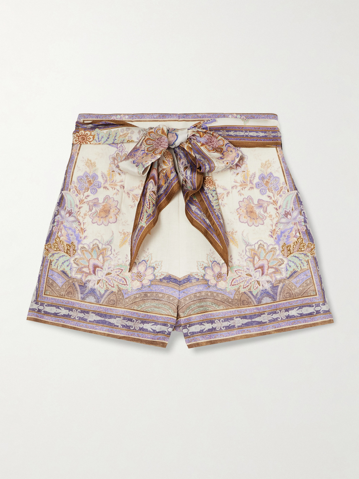 Zimmermann Luna Scarf Belted Linen Shorts In Multi