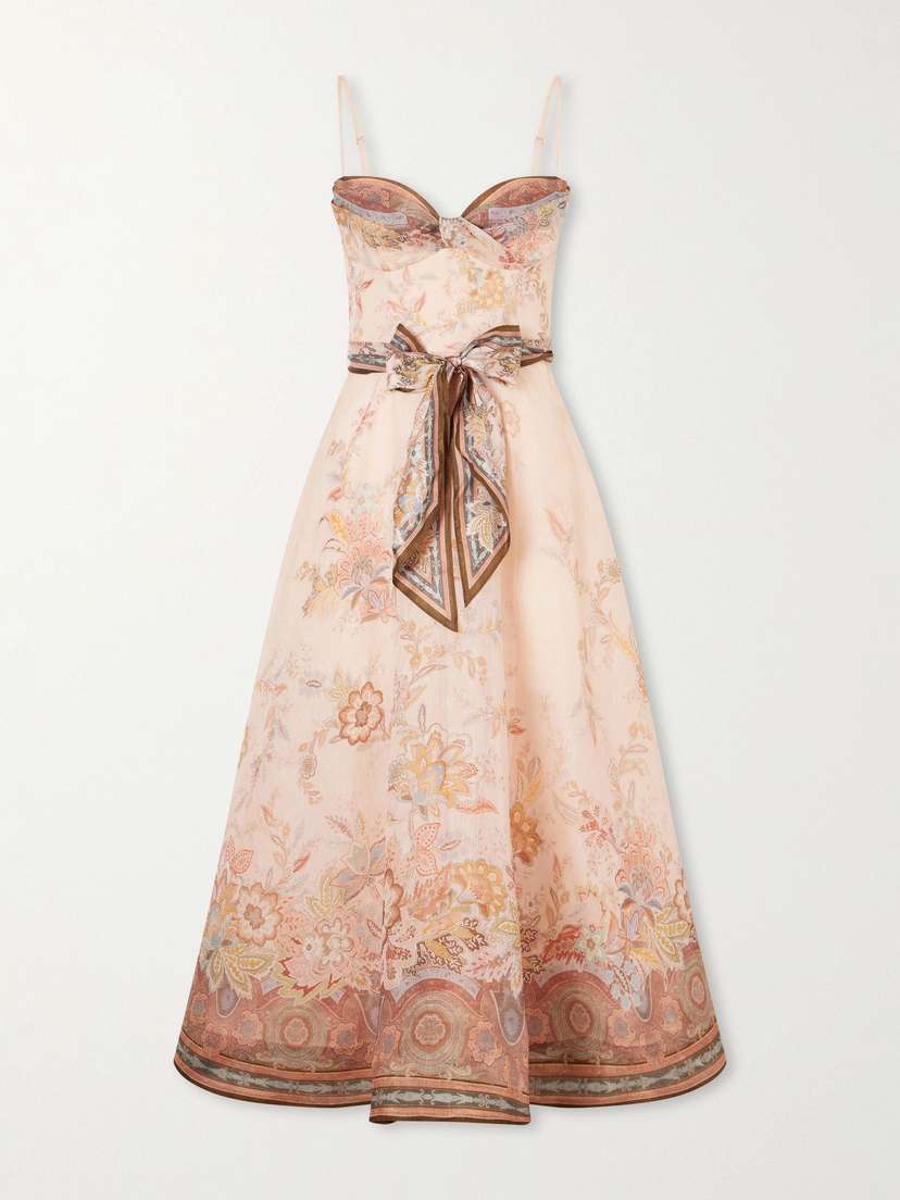 Zimmermann Printed Tie-detailed Linen And Silk-blend Midi Dress