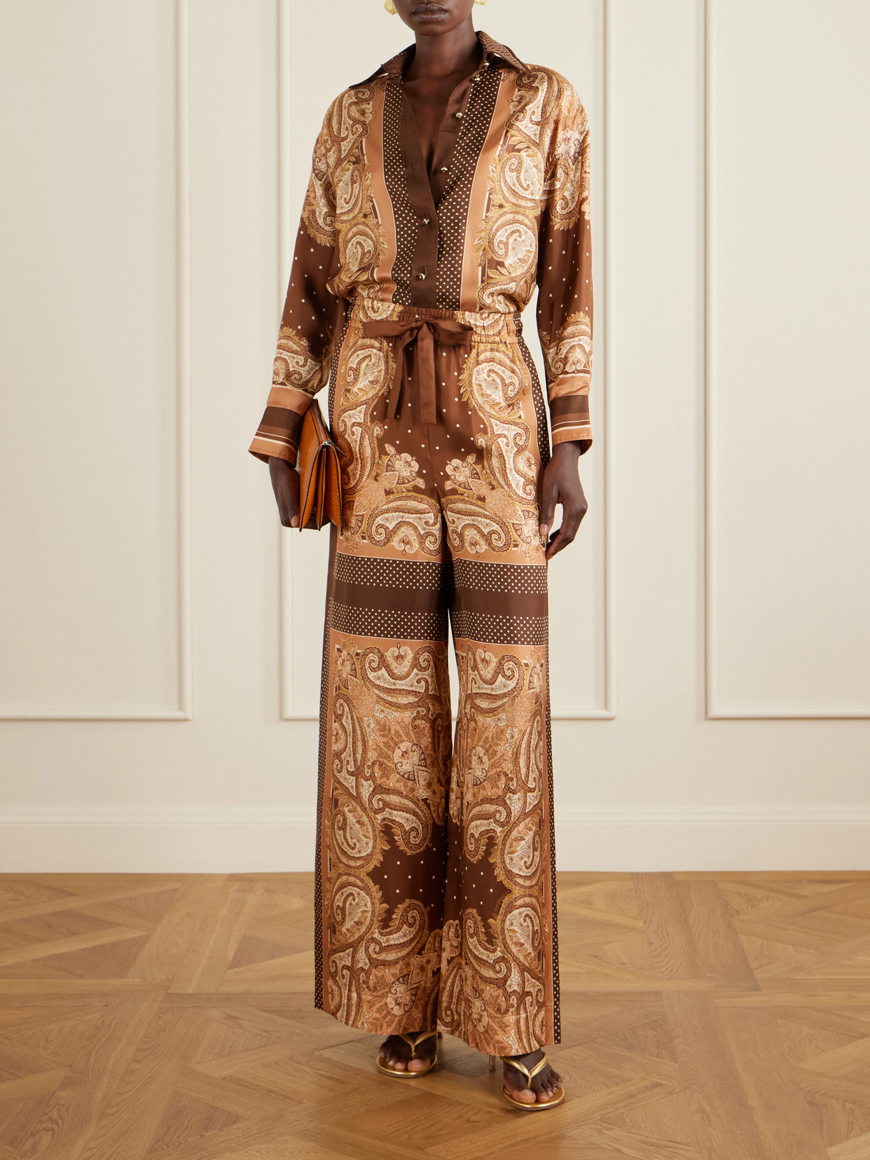 Zimmermann Womens Caramel Paisley Luna Wide-leg Silk Trousers Xl In Brown