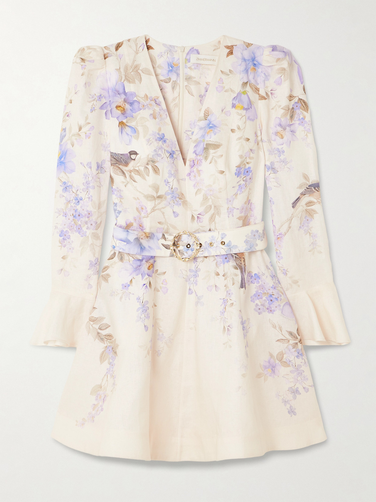 Zimmermann Luna Belted Floral-print Linen Mini Dress In White
