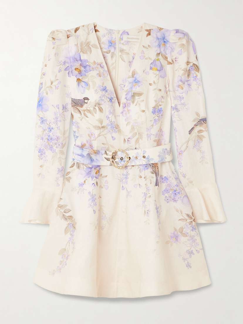 Zimmermann Luna Belted Floral-print Linen Mini Dress