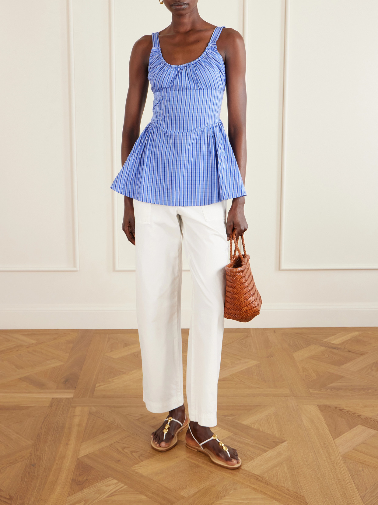Marcella Gathered Checked Cotton-Poplin Top