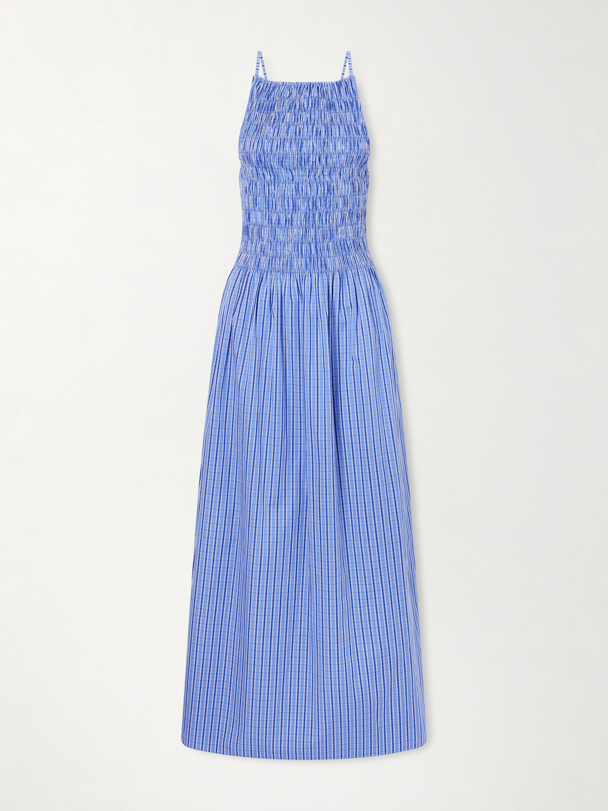 Faithfull Laia Shirred Checked Cotton-poplin Maxi Dress In Blue