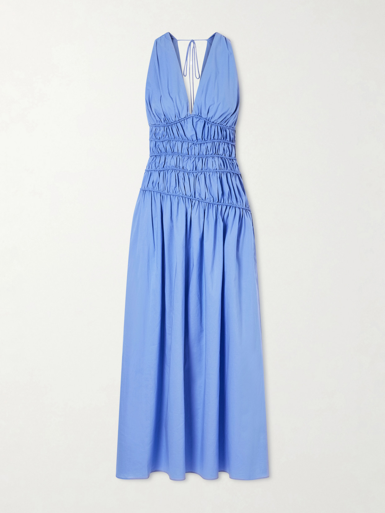 Faithfull Saja Tie-detailed Ruched Cotton Maxi Dress In Blue