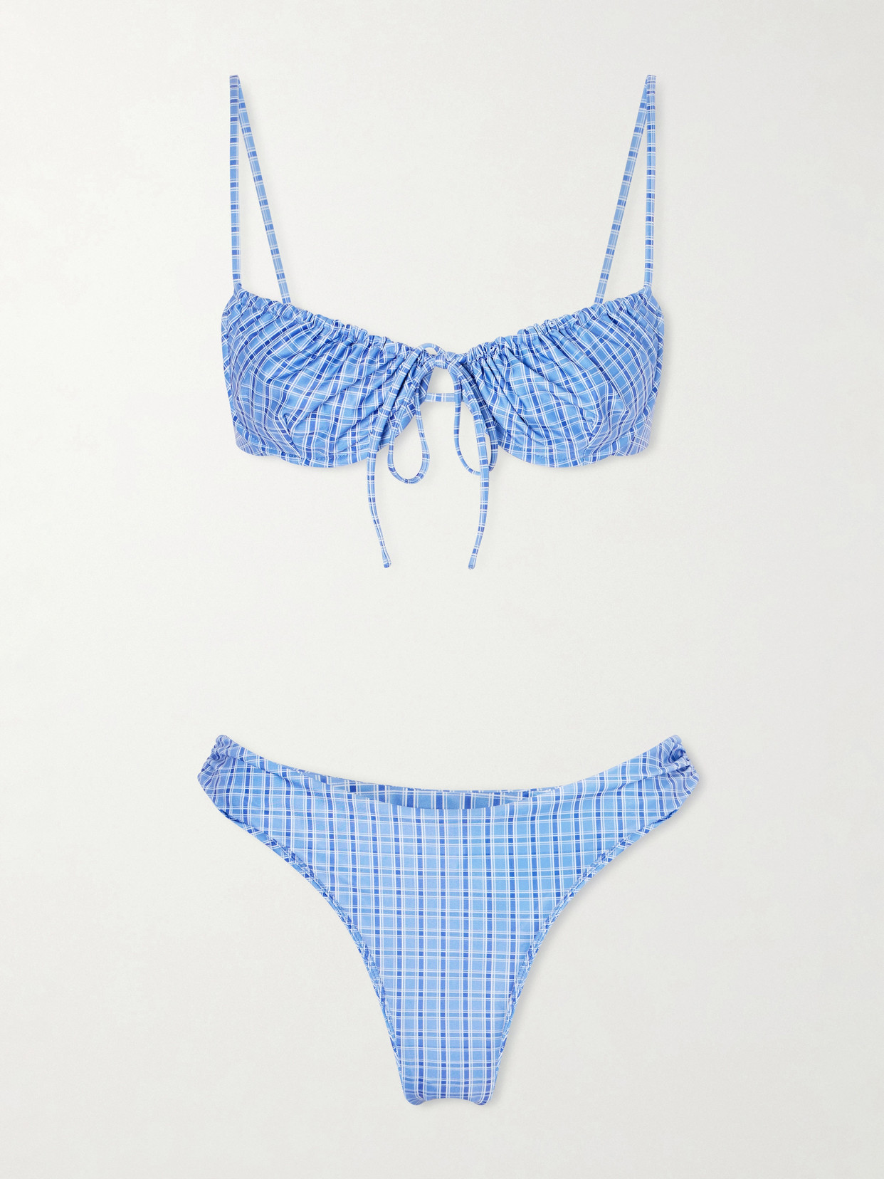 Faithfull Ombra And Leone Ruched Checked Recycled Bikini In Blue