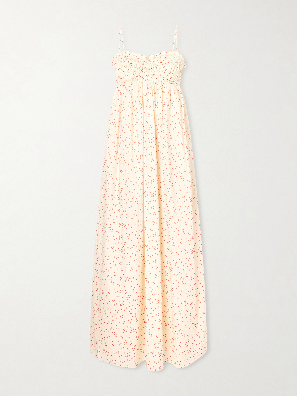 Faithfull Presa Shirred Ruffled Polka-dot Cotton-voile Maxi Dress In White