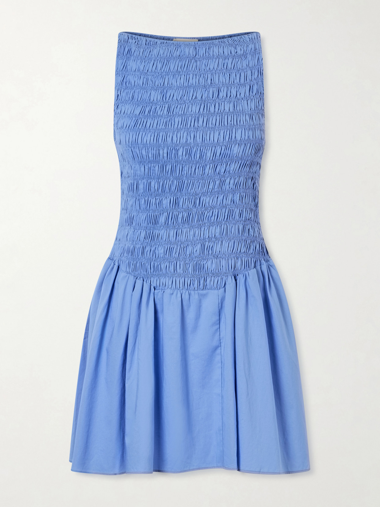 Faithfull Martina Shirred Cotton Mini Dress In Blue