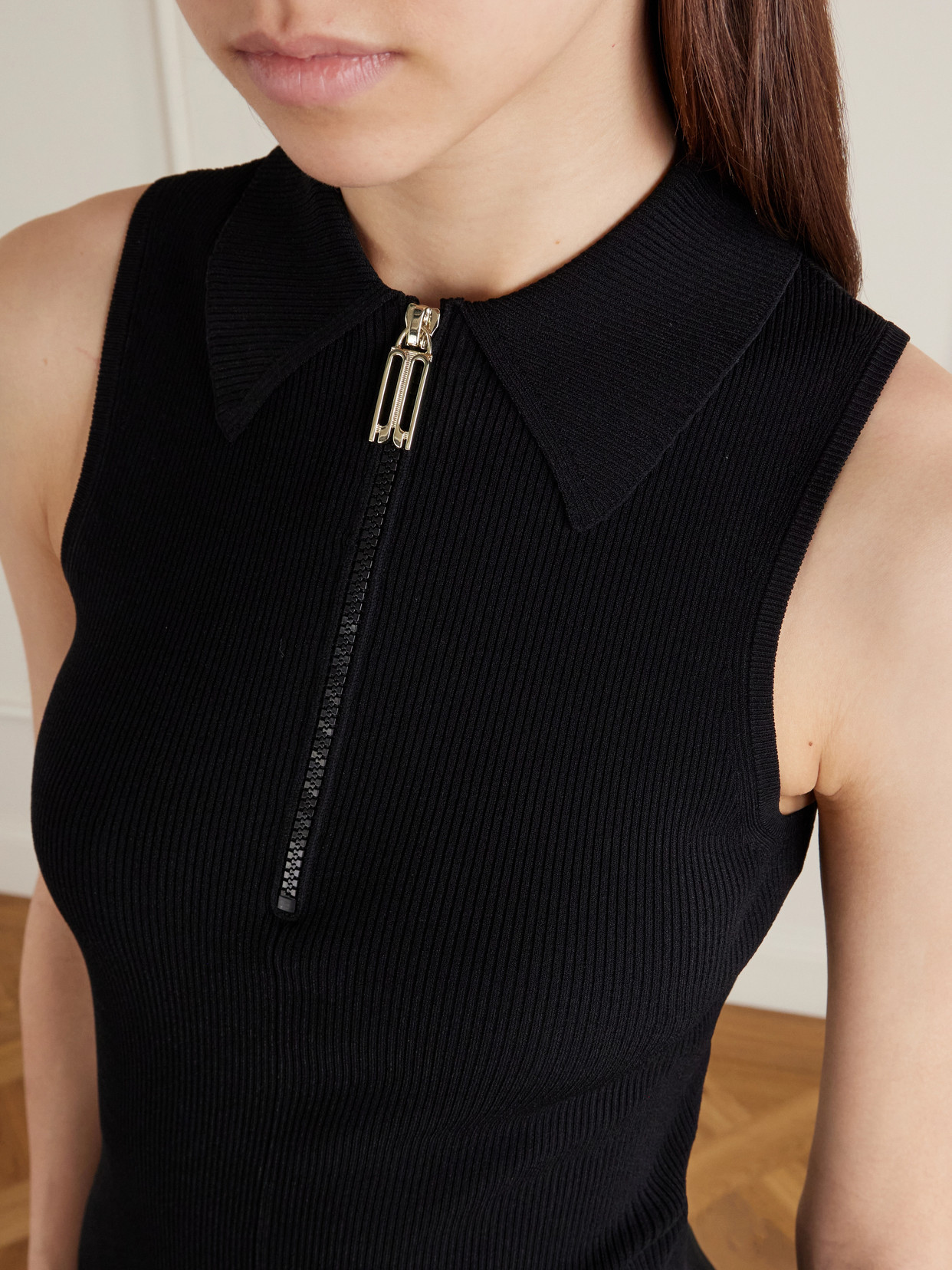 Victoria Beckham Sleeveless Zipped Front Ribbed-knit Midi Dress In Black