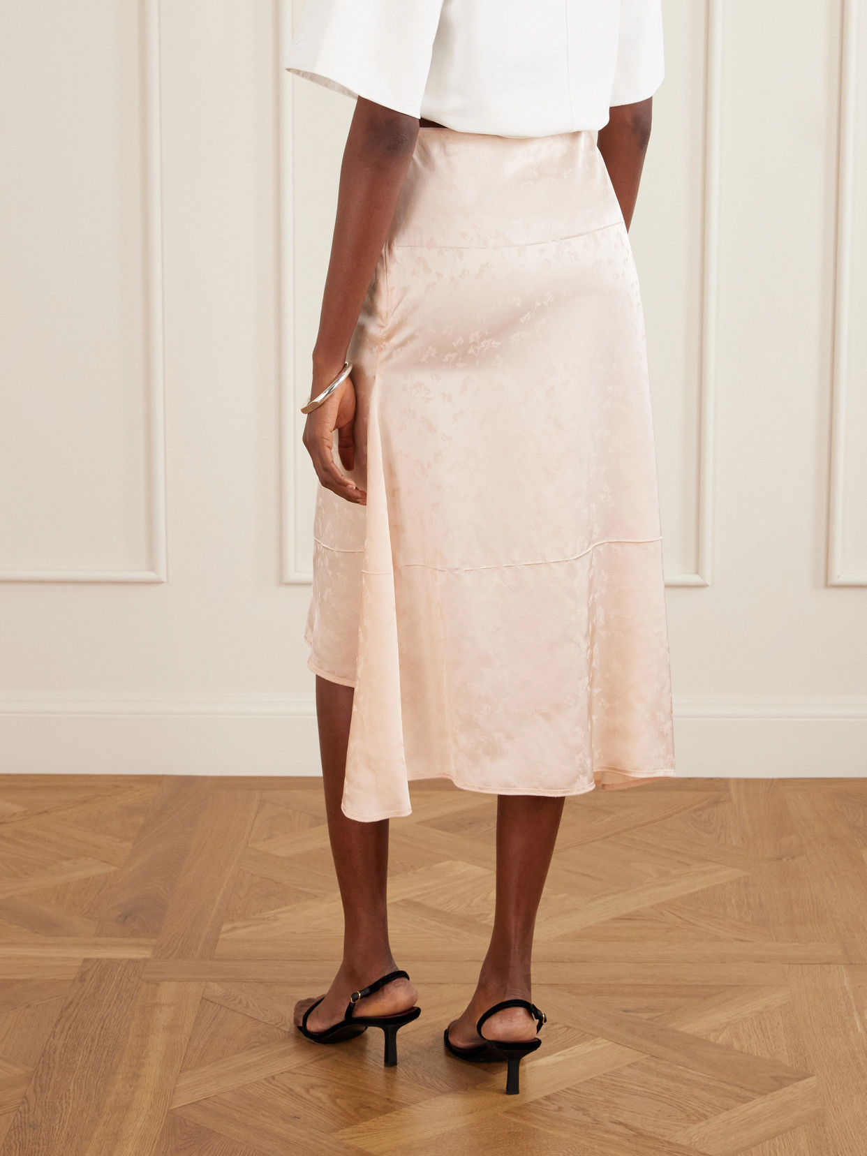 Asymmetric Floral-Jacquard Satin Midi Skirt