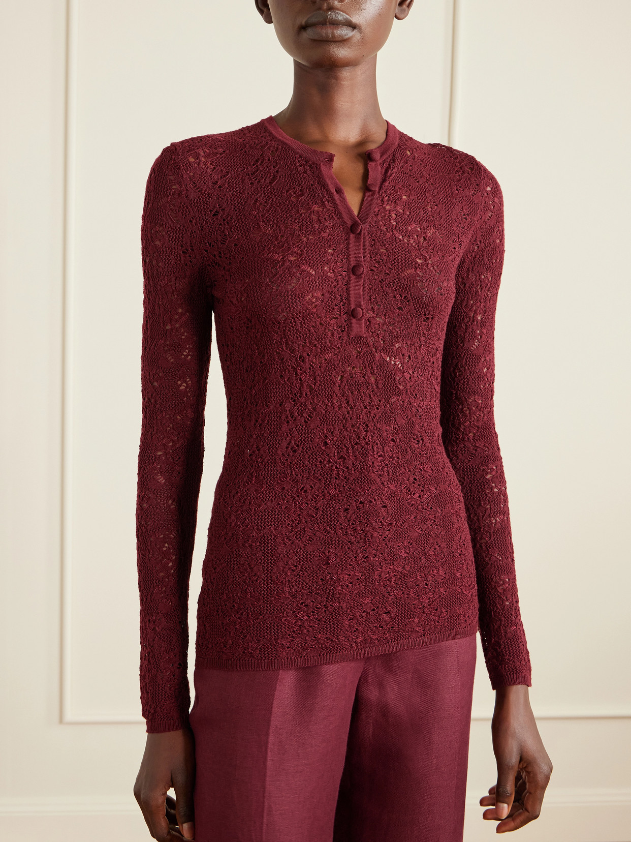 Gaviran Pointelle-Knit Wool Henley Top