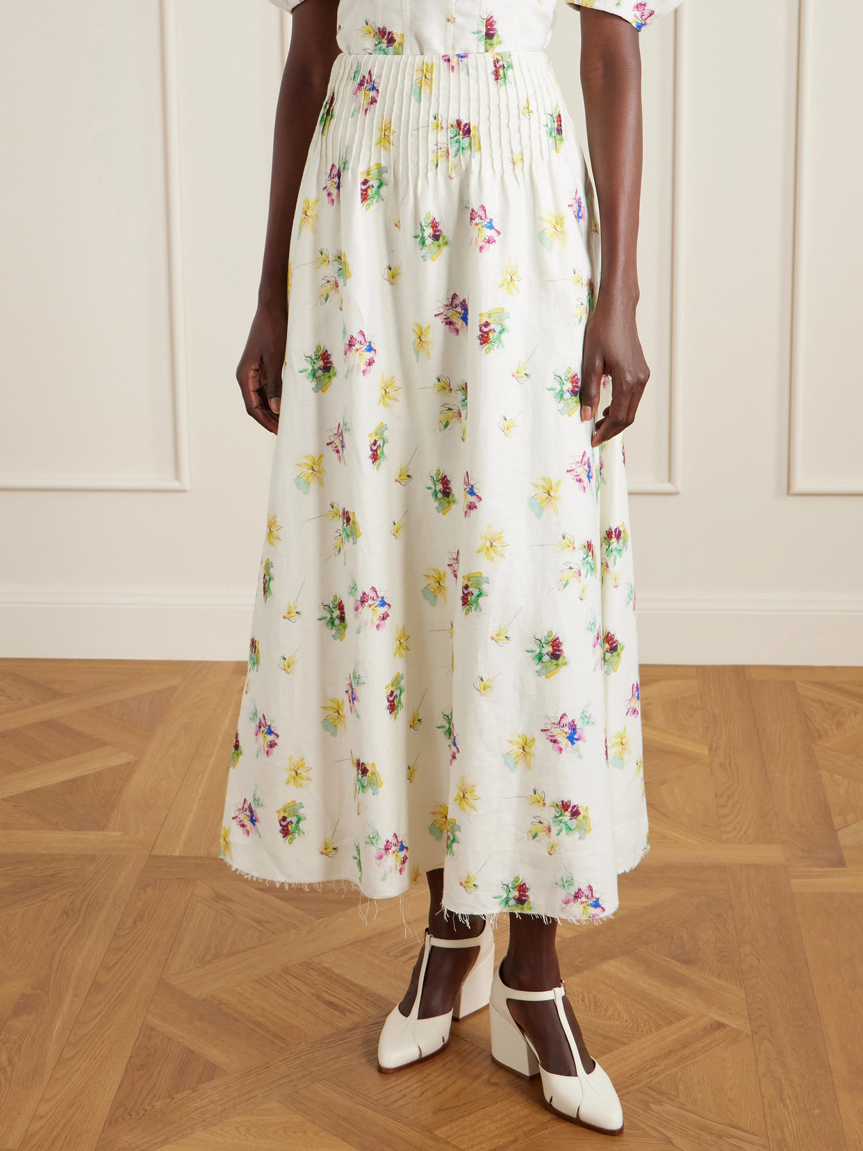 Penelope Pintucked Floral-Print Linen-Twill Maxi Skirt