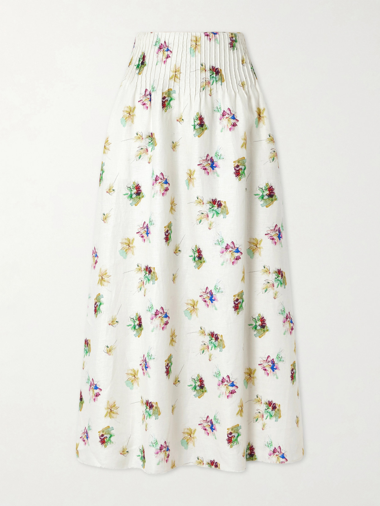 Penelope Pintucked Floral-Print Linen-Twill Maxi Skirt