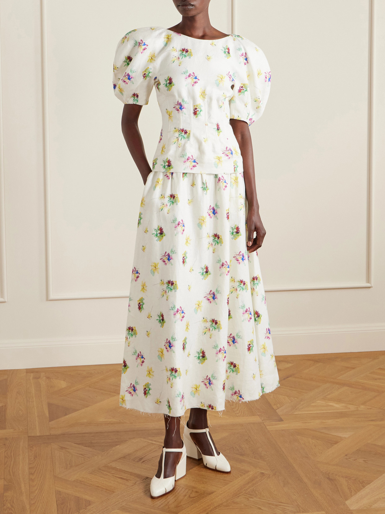 Penelope Pintucked Floral-Print Linen-Twill Maxi Skirt