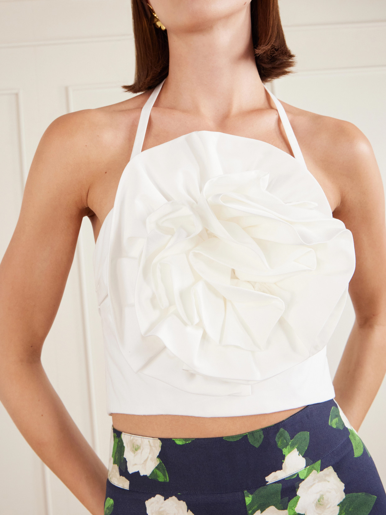 Floral-Appliquéd Cotton-Blend Halterneck Top