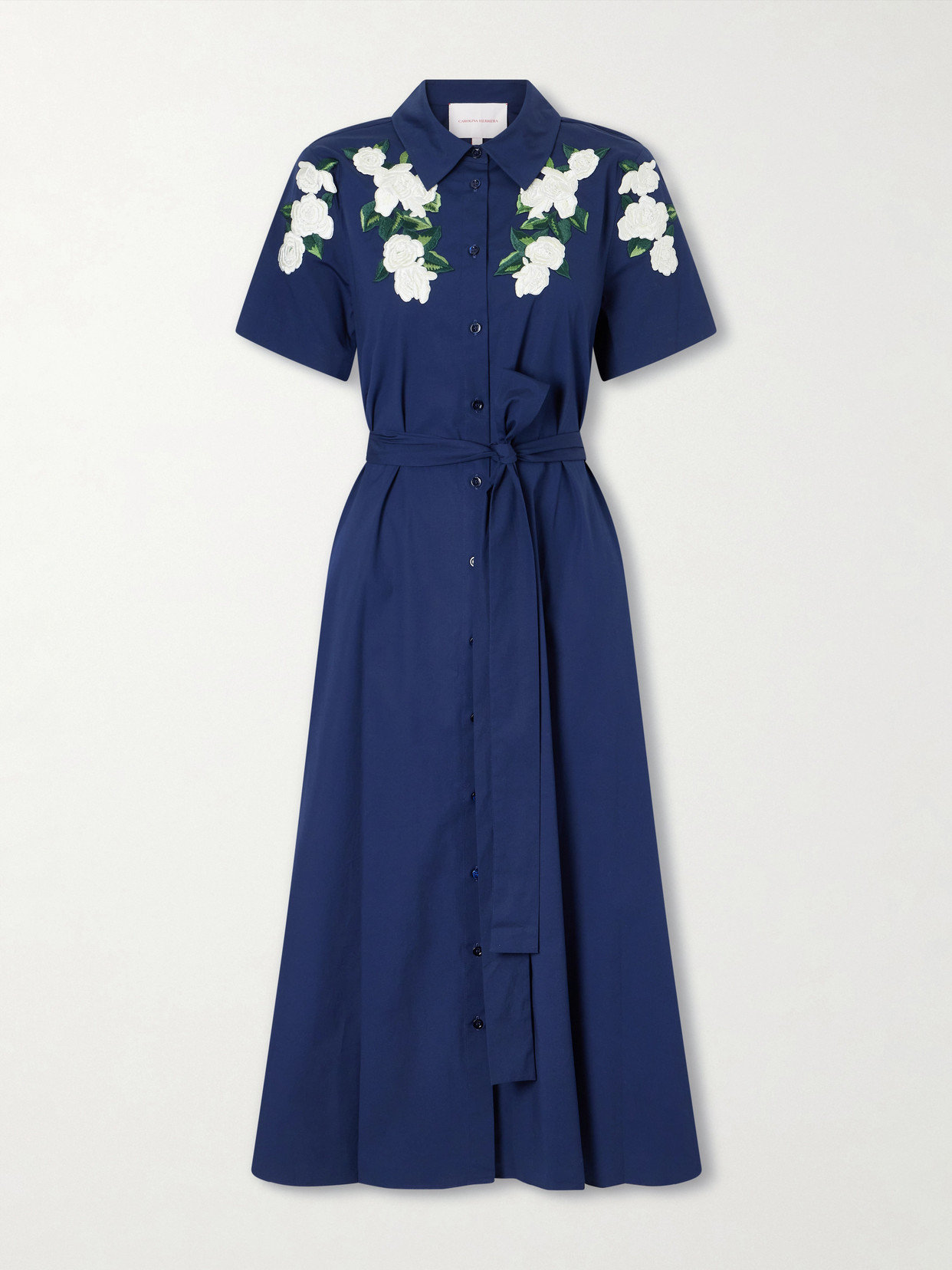 Carolina Herrera Belted Floral-embroidered Cotton-blend Midi Dress In Blue
