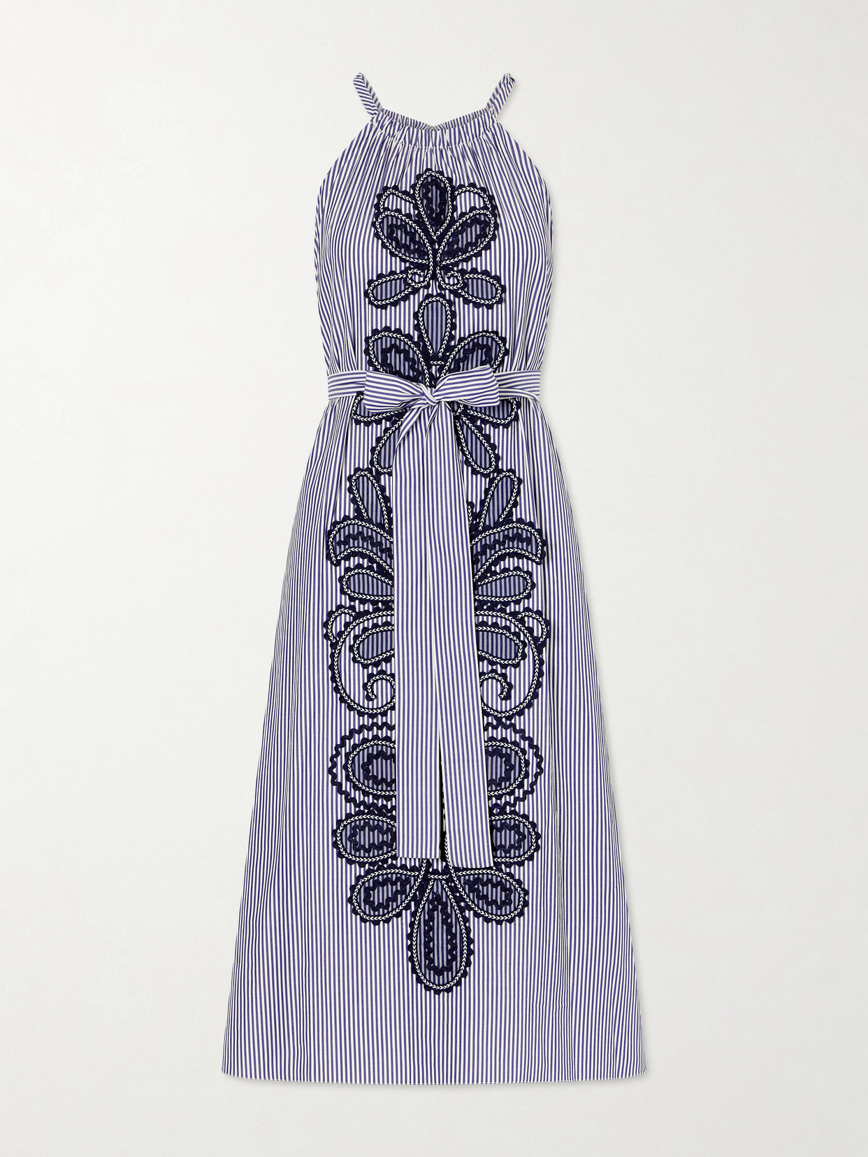 Carolina Herrera Belted Striped Embroidered Cotton-poplin Halterneck Midi Dress In Multi