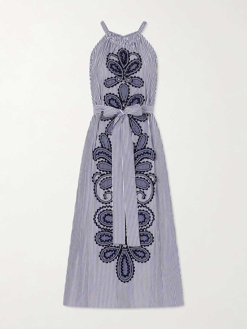 Carolina Herrera Belted Striped Embroidered Cotton-poplin Halterneck Midi Dress