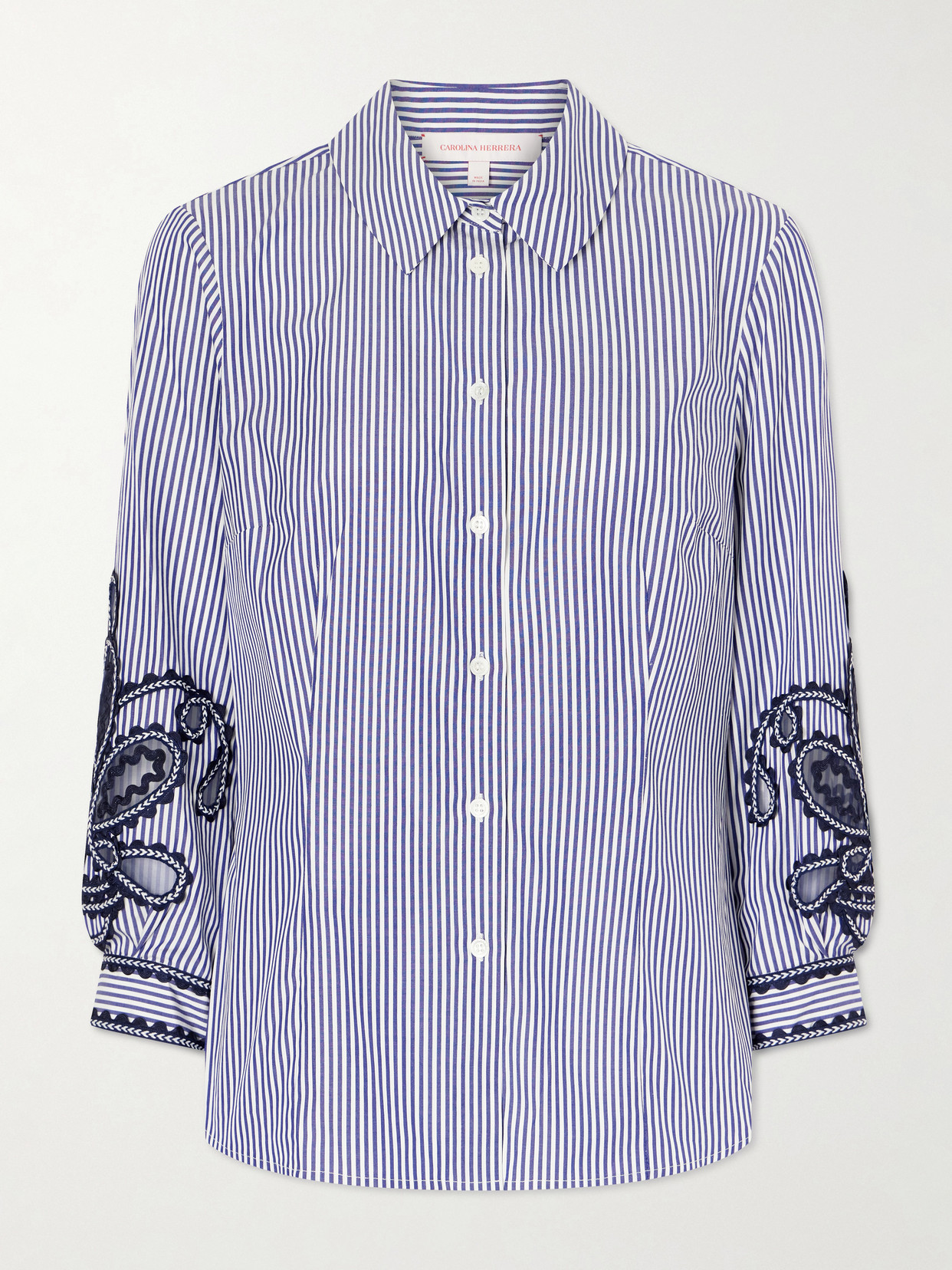Carolina Herrera Embroidered Striped Cotton-poplin Shirt In Blue